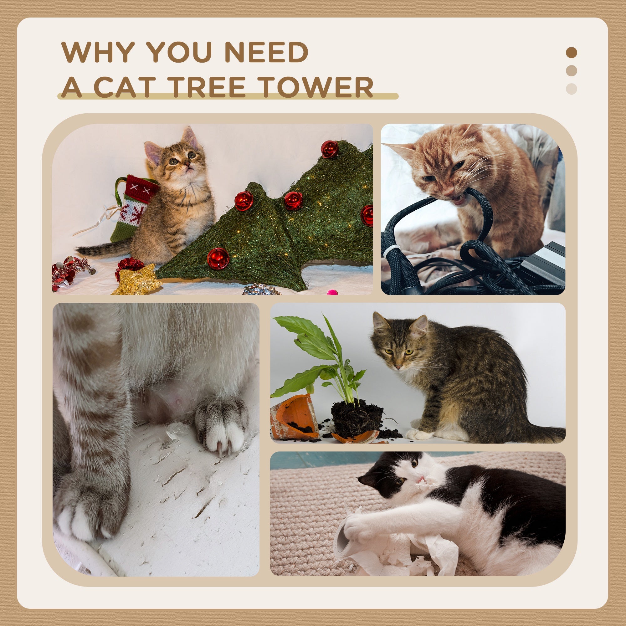 Cat Tree Kitty Tower with Sisal Mat Scratching Post, Cat Bed, Cushion, Perch, 18" x 18" x 36", Cream White