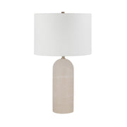 Ixia 25" Tall Plated Antique Brushed Brass Iron Table Lamp with Drum Linen Shade-Table Lamp-DECOROLALA