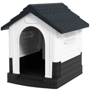 Outside Dog Kennel House with Windows, Base Support, for Garden Patio, Miniature Dogs, 64.5 x 57 x 66cm, Dark Grey