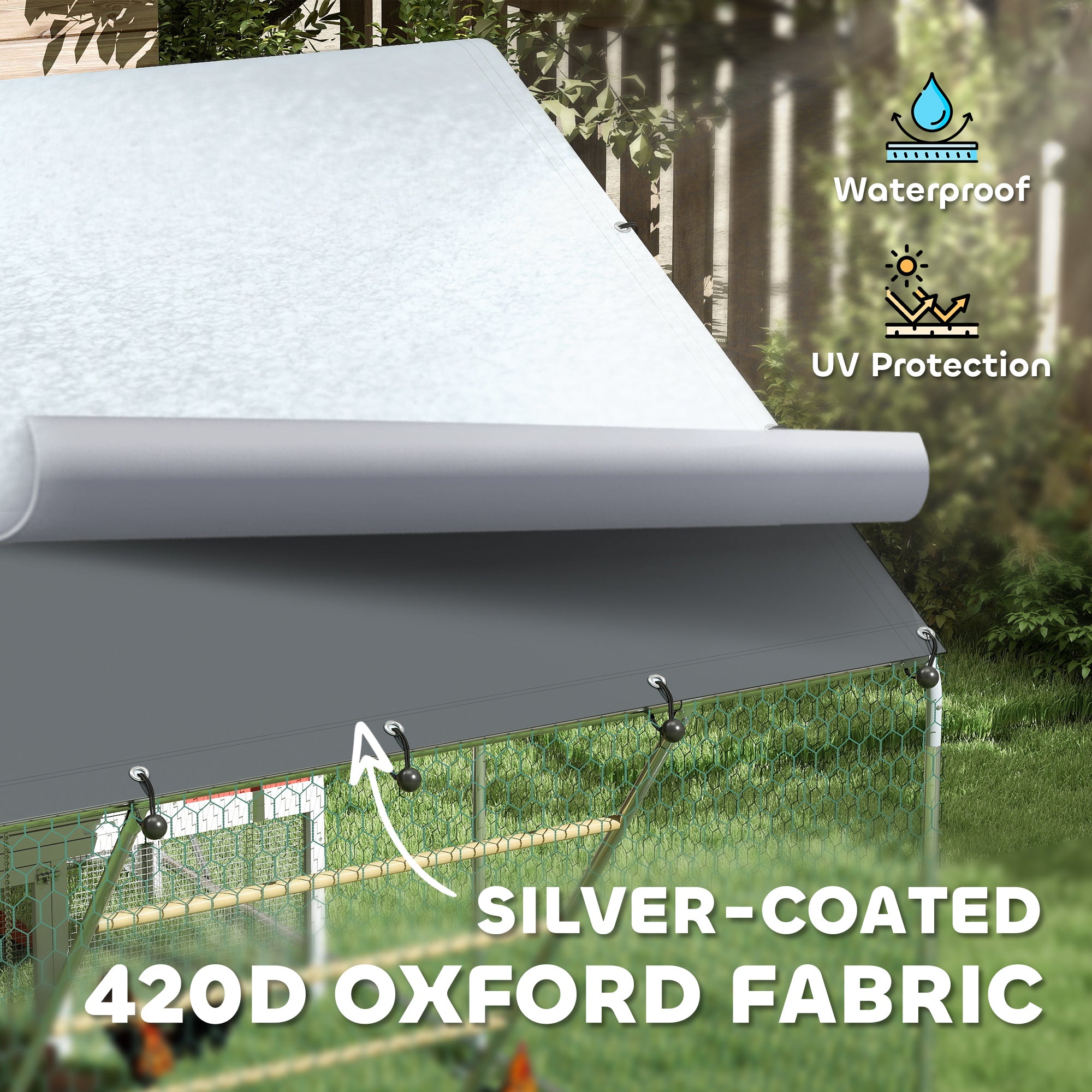 Large Metal Chicken Run with Waterproof & UV-Resistant Cover, Feeding Door, Hanging Feeder, Perch for 6-8 Chickens