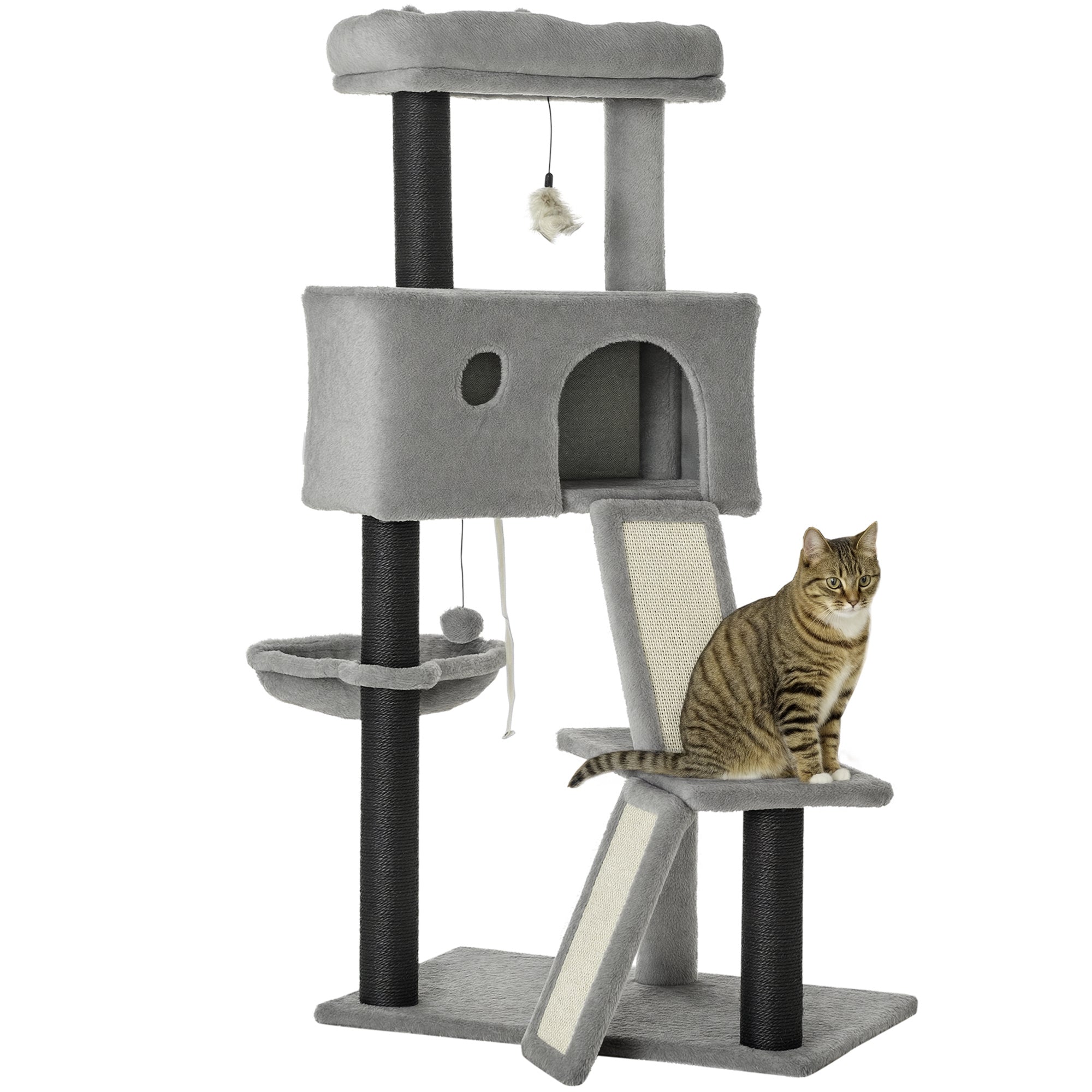 47" Cat Tree for Indoor Cats, Kitty Activity Center, Cat Tower with Cat Ear Bed Ramp Condo Hammock Hanging Ball Toys Sisal Rope Scratching Post, Light Grey