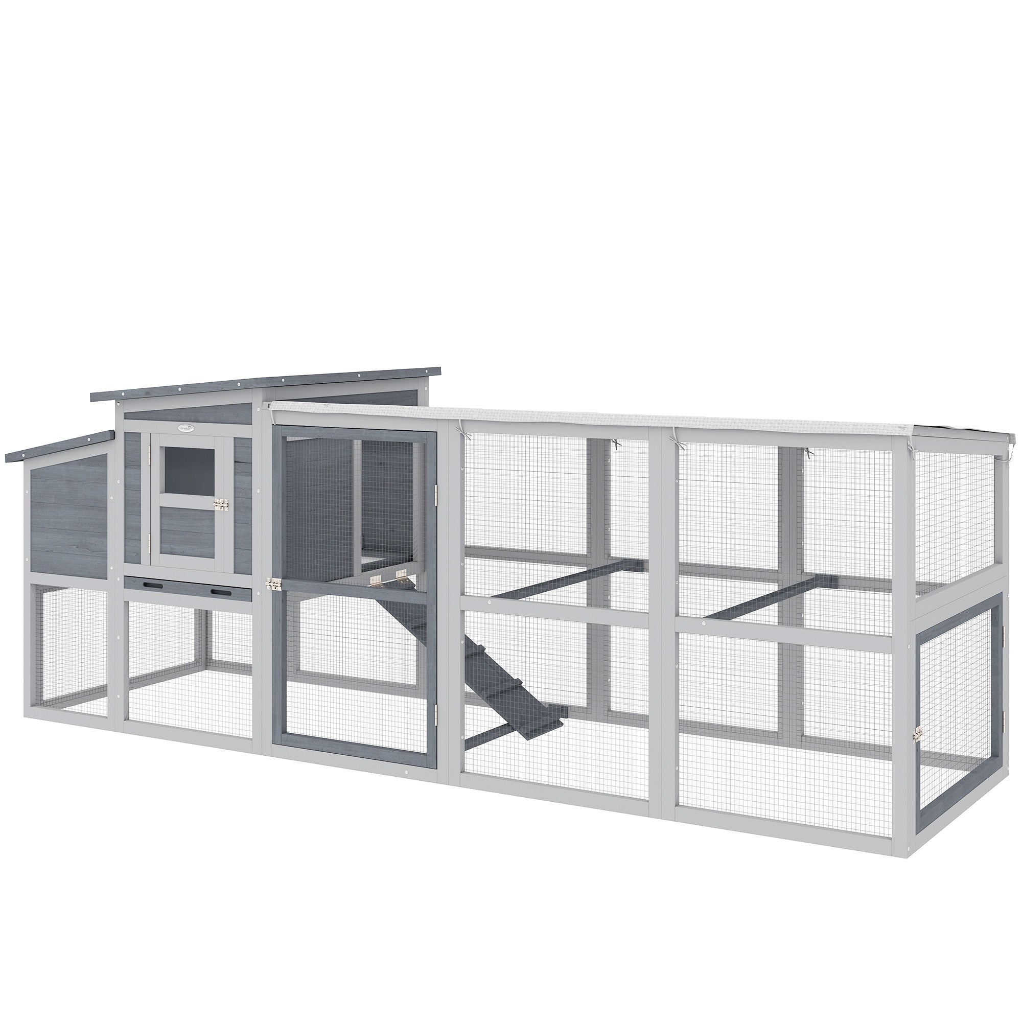 Large Chicken Coop, Wooden Hen House with Covered Run, Nesting Box, Pull-Out Tray, Opening Asphalt Roof