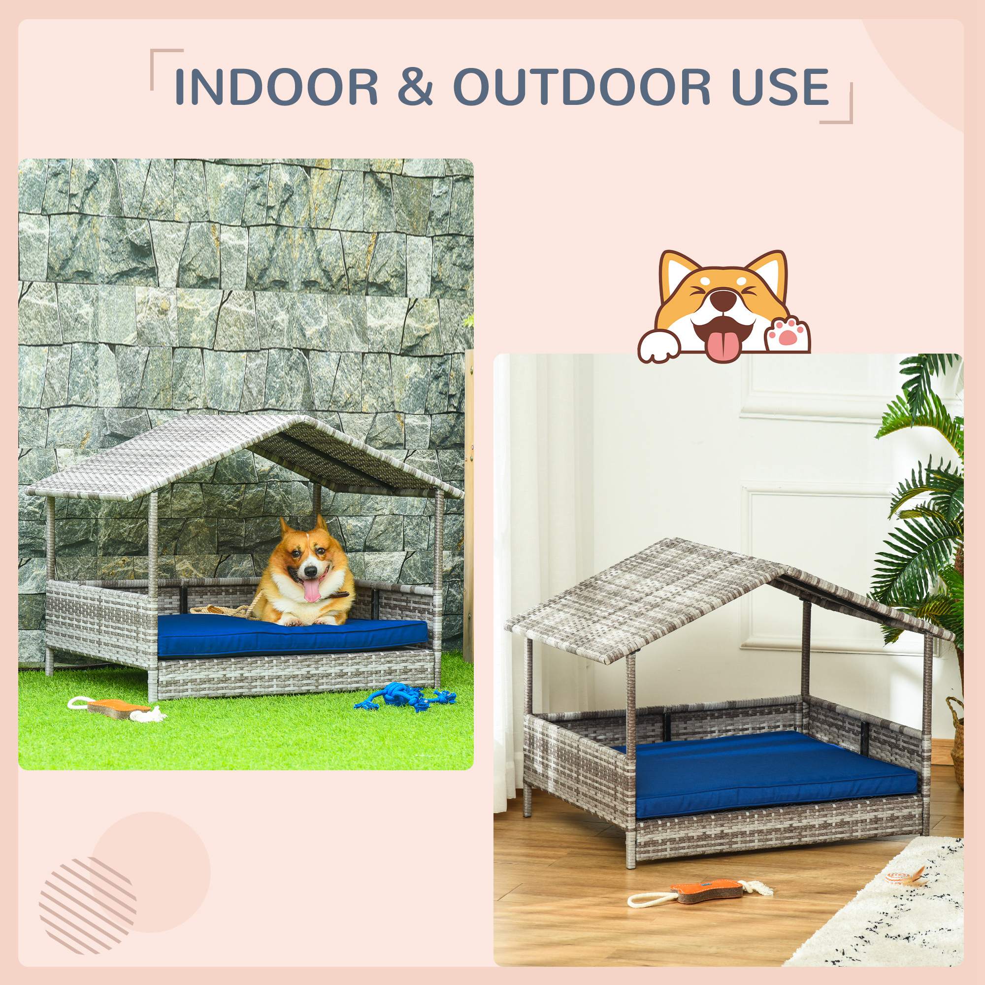 Niche pour chien en rotin avec auvent, panier pour chien en osier avec coussin résistant à l’eau, pour petites et moyennes races, bleu foncé