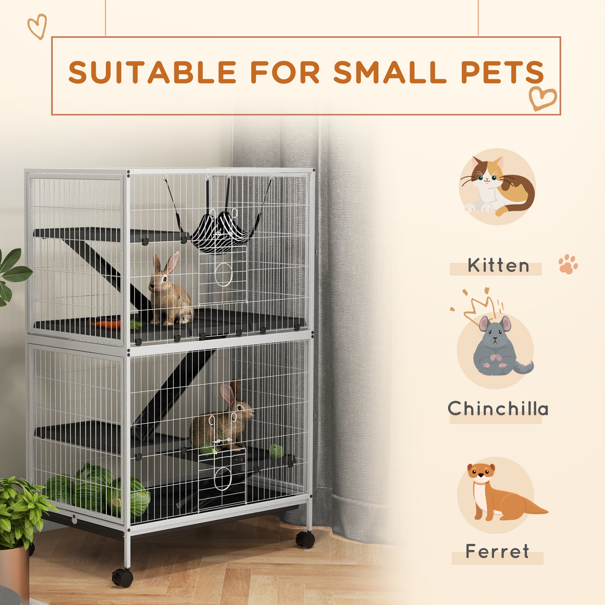 Cage roulante à 5 niveaux pour petits animaux, cage de luxe pour cochon d’Inde, cage pour furet, vison, chinchilla, chaton et lapin, gris clair