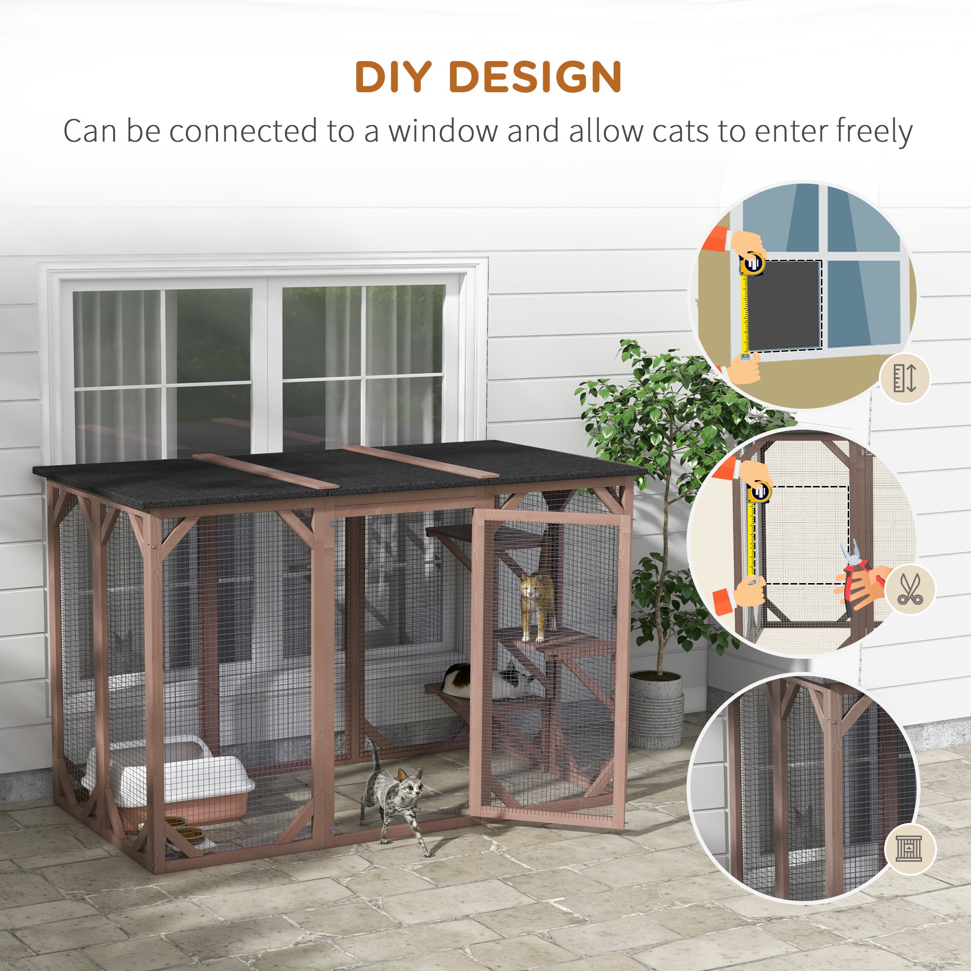 71"L Catio Outdoor Cat Enclosure, Indoor Cat Cage, Pet House, Small Animal Hutch for 1-2 Rabbit, Kitten, Kitty Crate Kennel w/ Waterproof Roof, Multi-Level Platforms, Brown