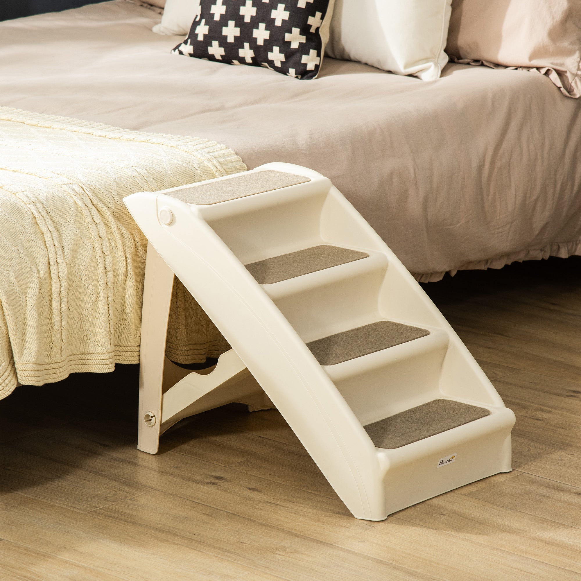Escalier portable pour chiens à 4 niveaux, marches pliables pour petits chiens, marches légères pour chats, avec tapis doux antidérapants, pour lit haut et canapé, beige