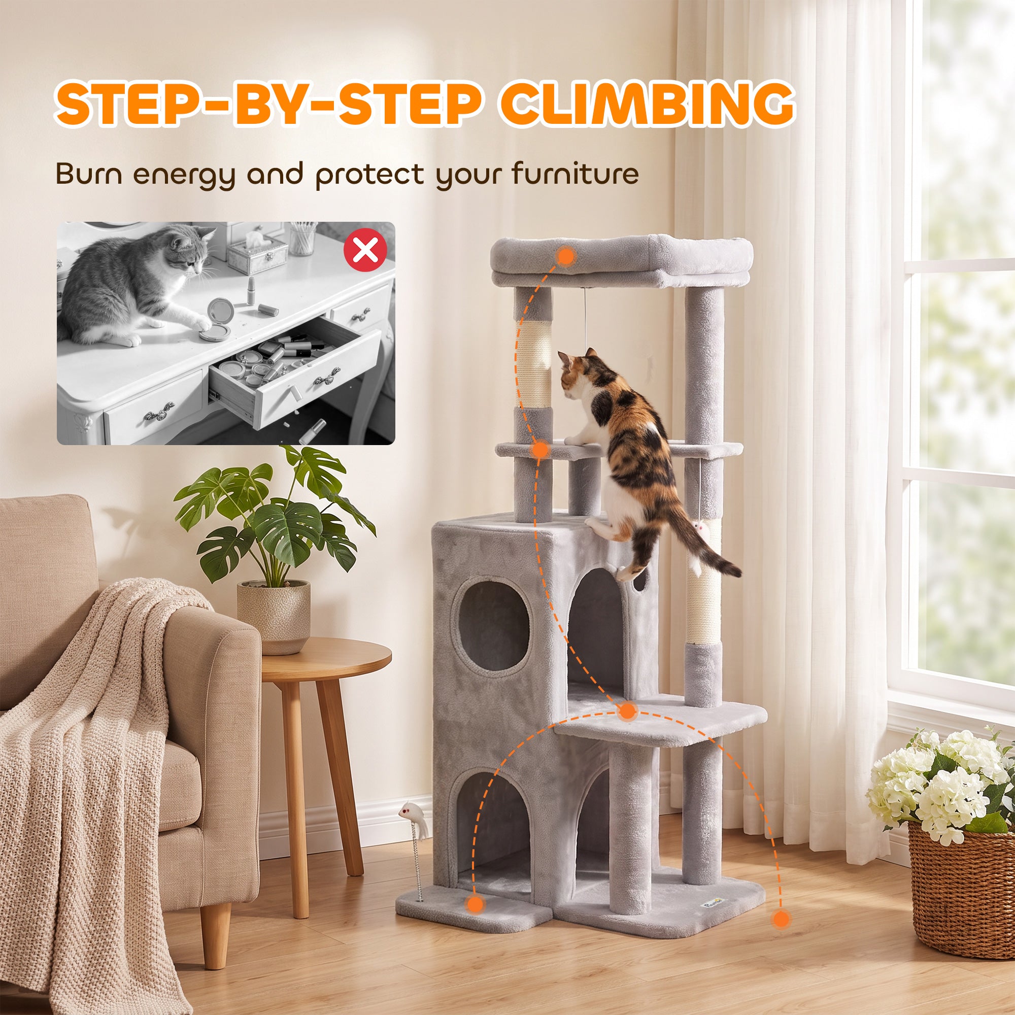 52" Cat Tree, Multi-Level Large Cat Tower House with 2-Tier Condo, Bed, Sisal Scratching Posts, Light Grey