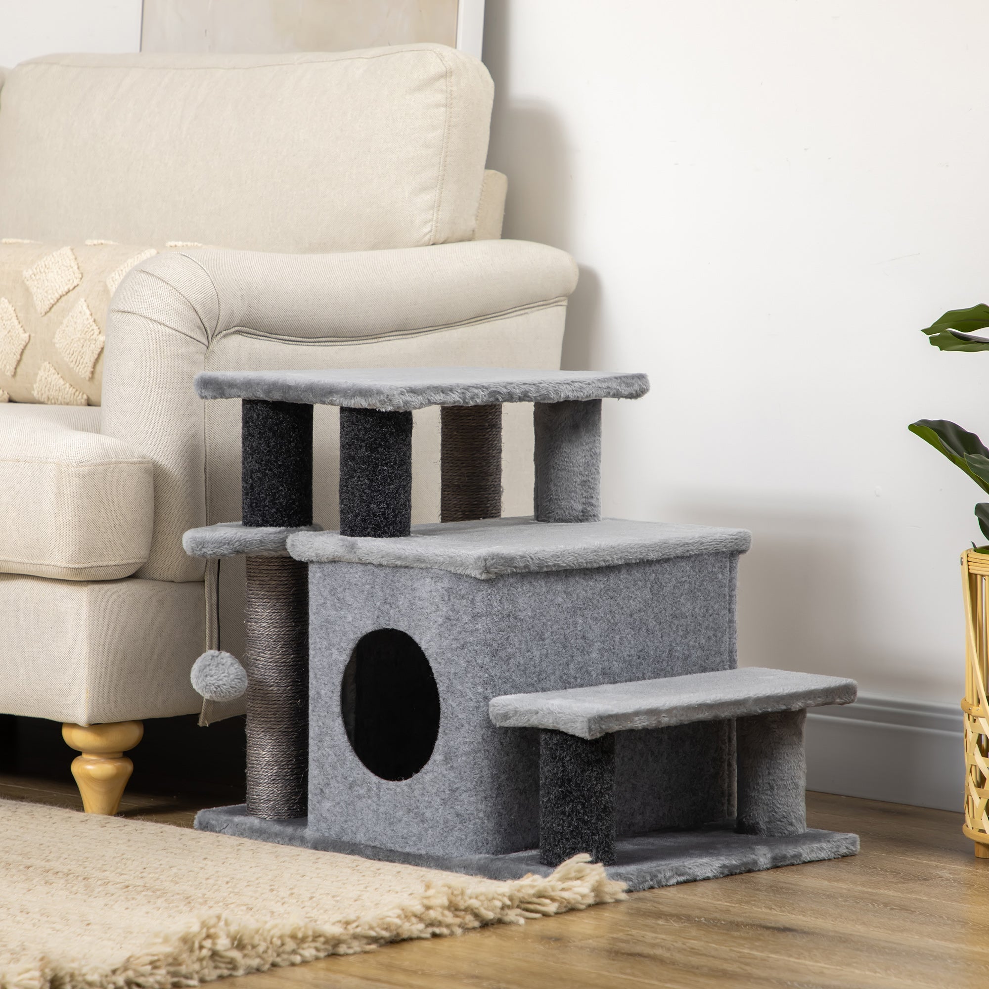 Cat Stairs Pet Steps for Couch Bed with Scratching Posts Condo Ball Toy, 23.6" x 15.7" x 26", Grey
