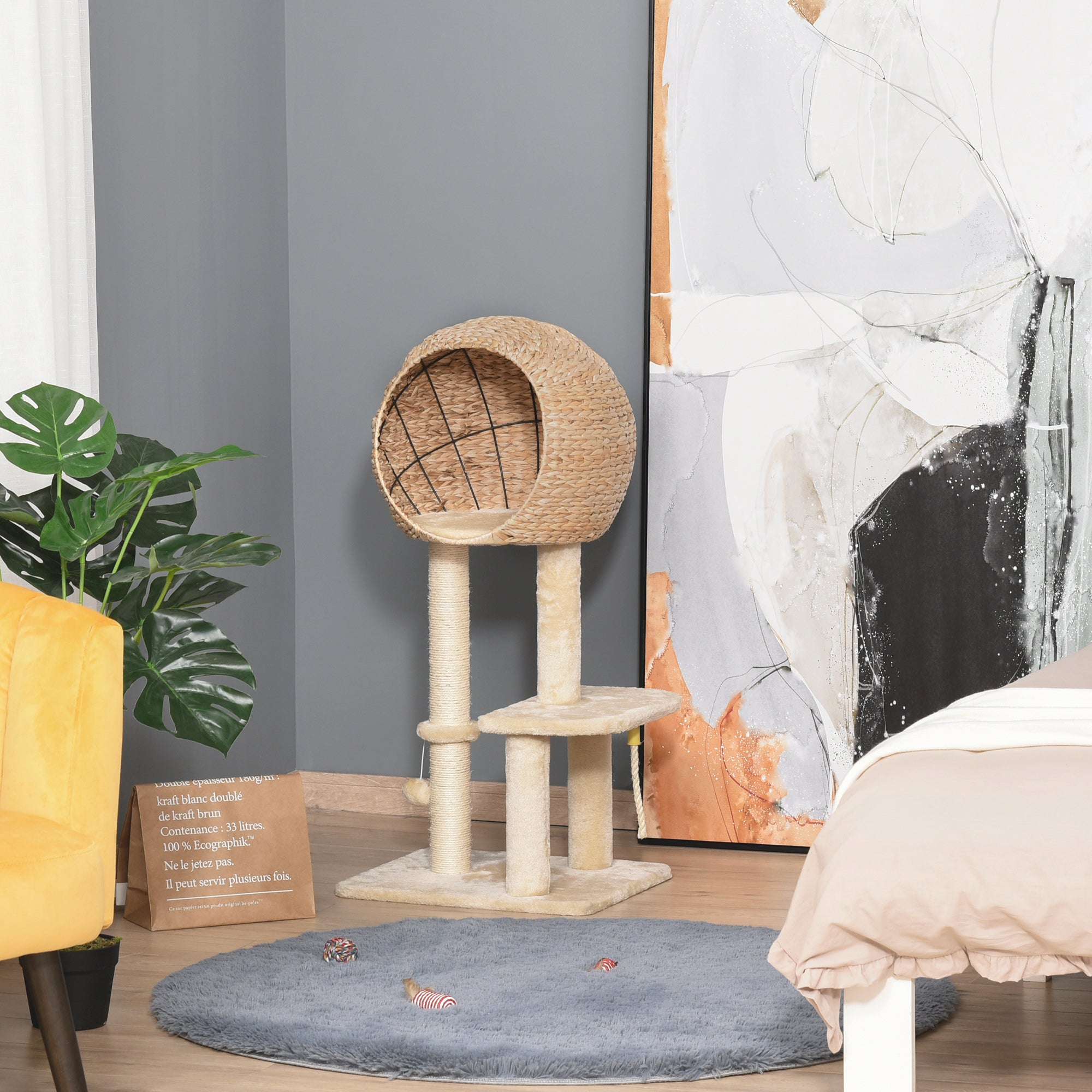 Arbre à chat de 39" de hauteur avec poteau à griffer en sisal, niche, perchoir moelleux, corde suspendue et balle suspendue, beige
