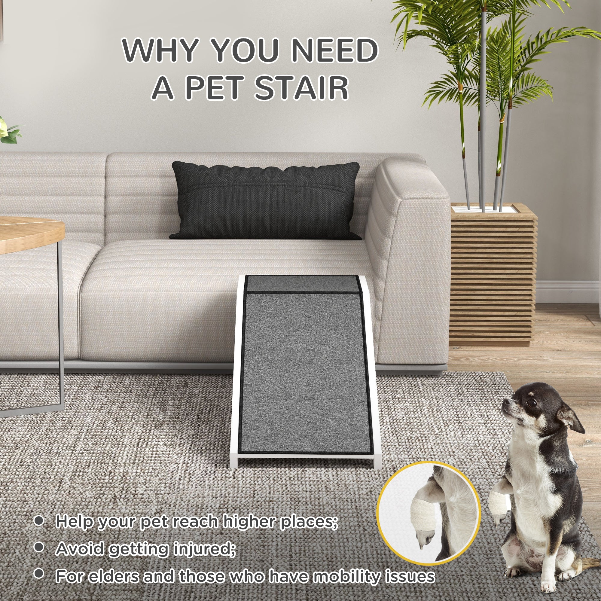Rampe pour animaux, marches de lit pour chiens et chats avec moquette antidérapante, 49"L x 16"W x 14"H, blanc gris