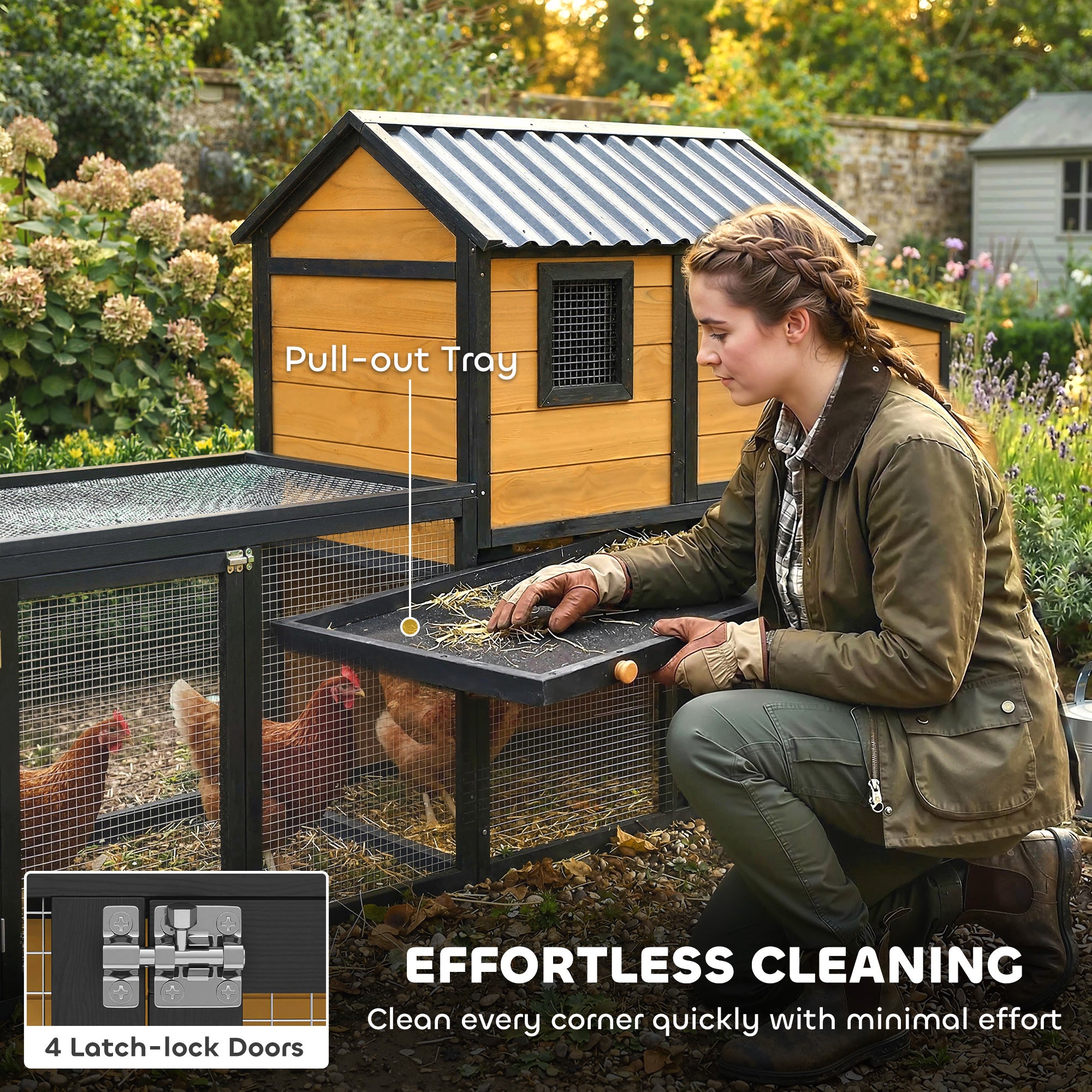 Large Chicken Coop, 134"L Wooden Chicken House with Run, Nesting Box, Slide-Out Tray, Waterproof Roof and Ramp