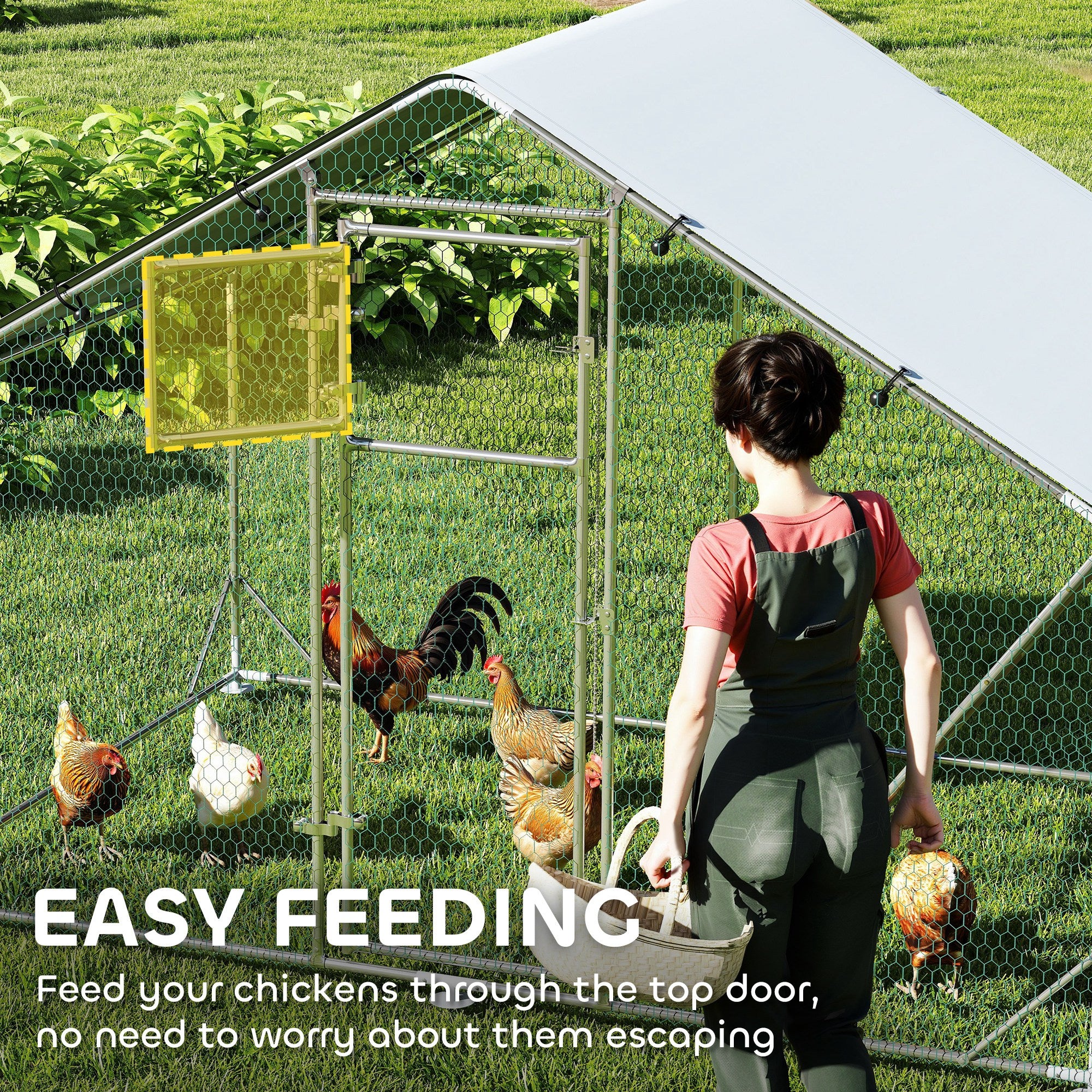 Large Metal Chicken Run with Waterproof & UV-Resistant Cover, Feeding Door, Hanging Feeder, Perch for 6-8 Chickens