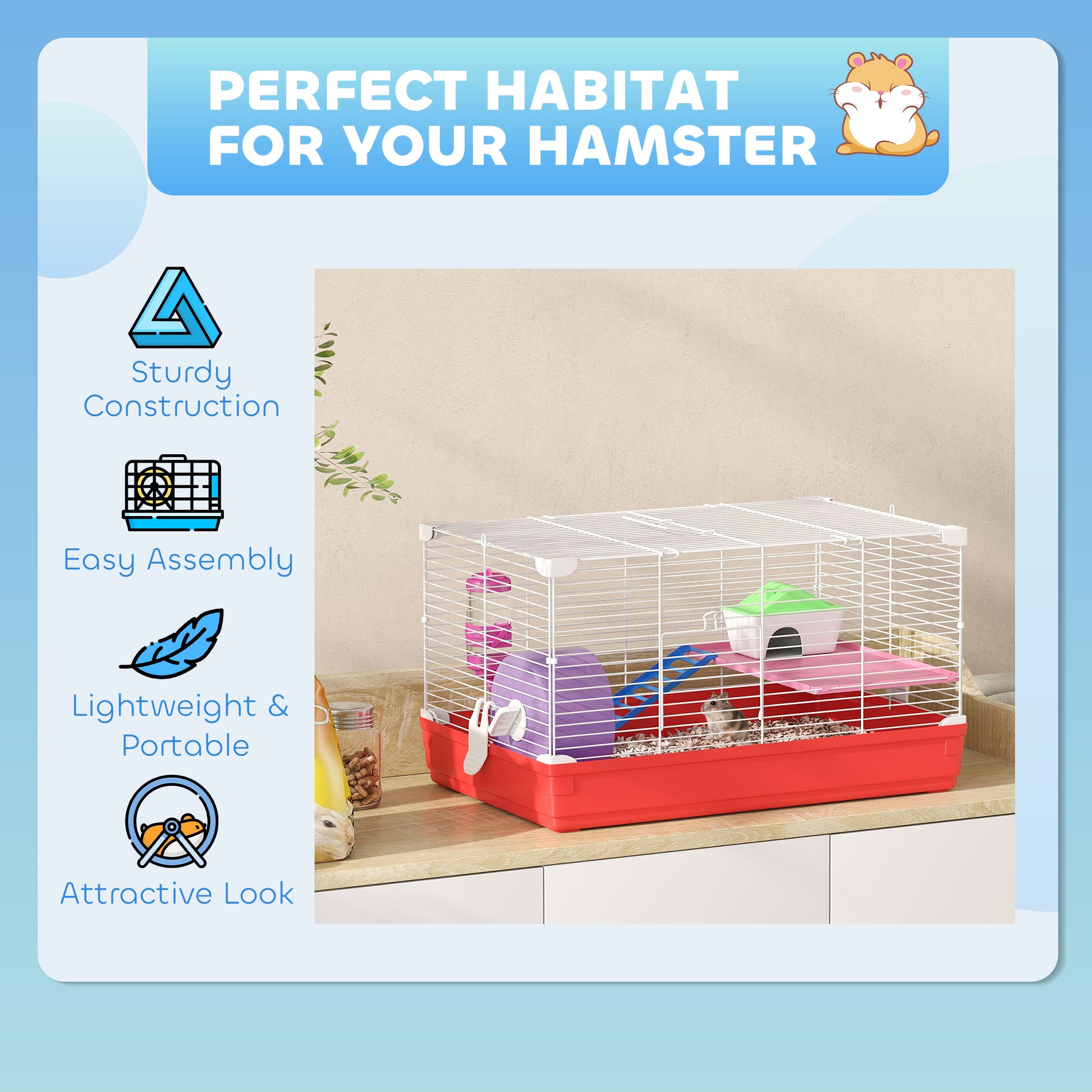 Cage pour hamster de 18.5'' avec roue d’exercice et gamelles-biberon, maison et habitats pour rats, conception à 2 étages, rouge