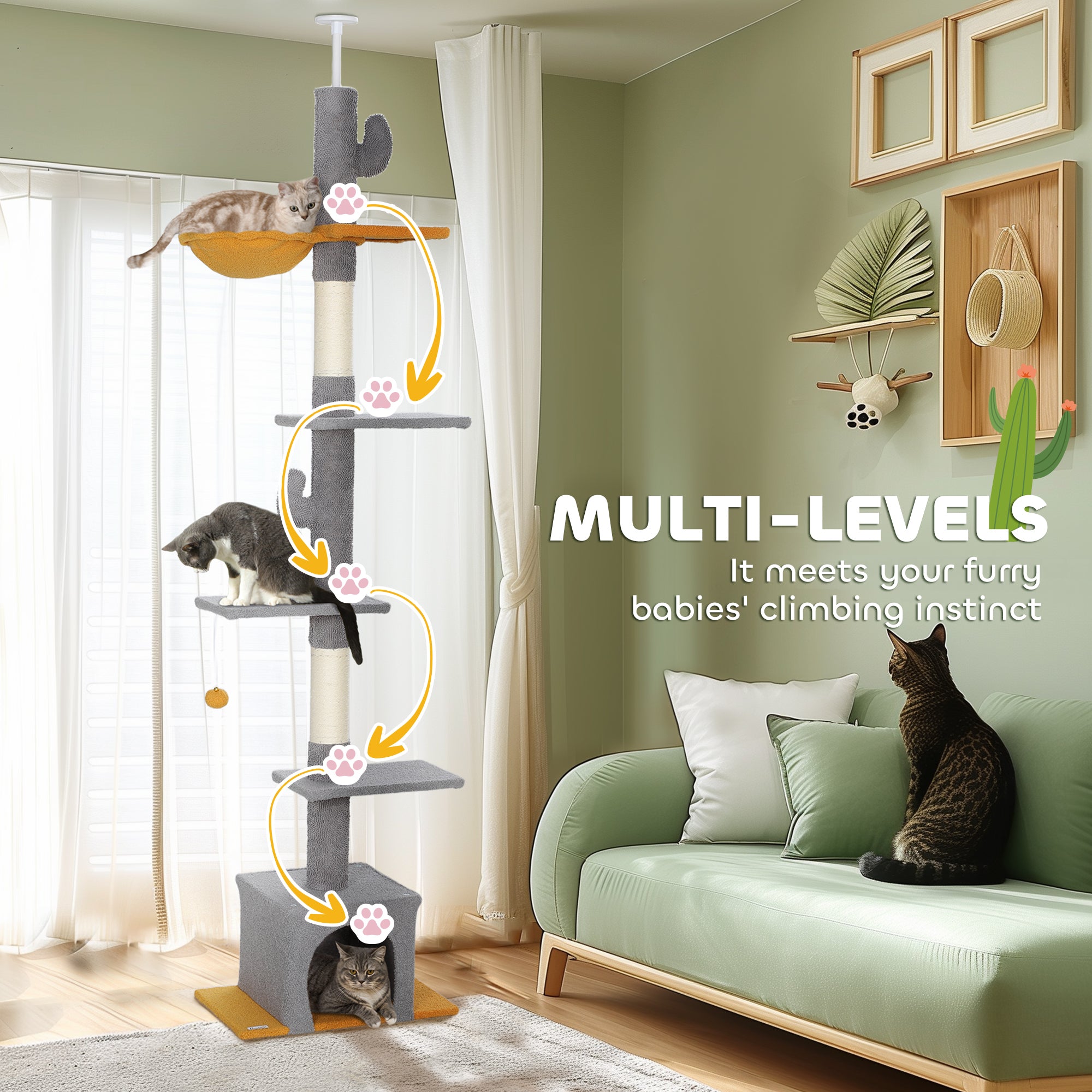 Floor to Ceiling Cat TreeTower with 90.5"-108" Adjustable Height, Scratching Posts, Hammock, Comdo, Toy Ball, Light Grey