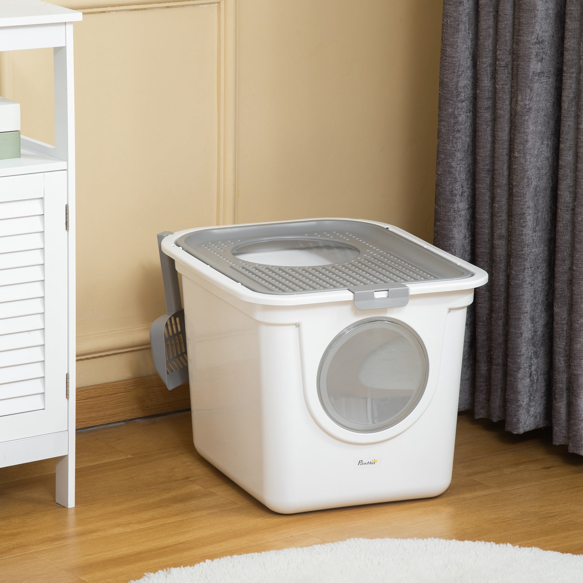 Bac à litière fermé pour chat, nettoyage facile, avec entrée avant, sortie supérieure et pelle, blanc