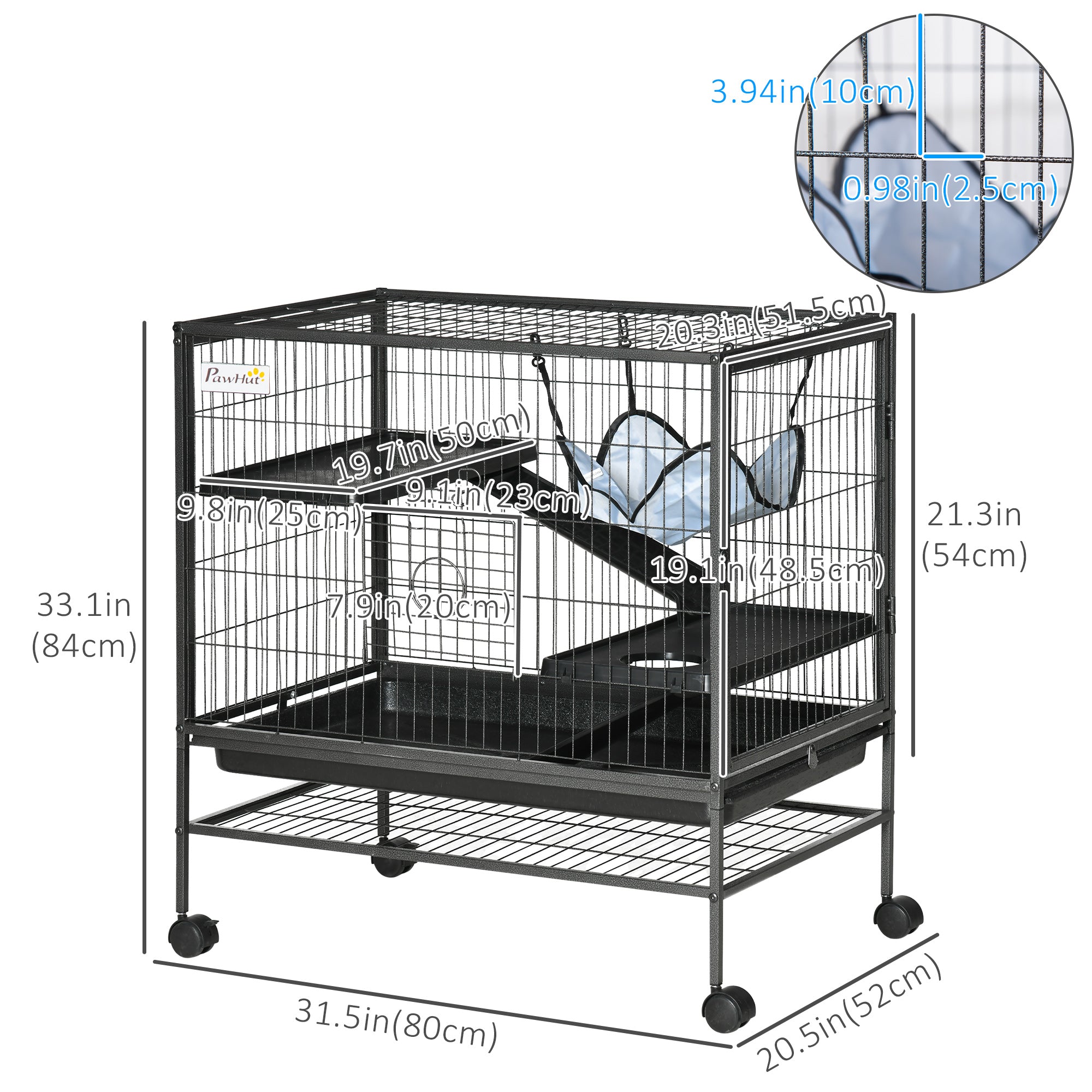 Small Animal Cage with Hammock, 3-Tier Ferret Cage Removable Tray