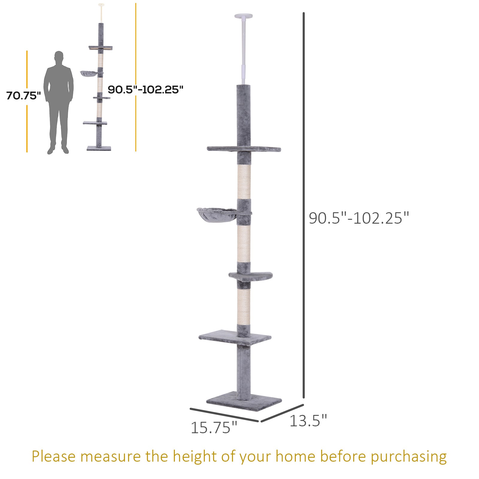 8.5ft Cat Climbing Tree 5-Tier Cat Activity Center Floor-to-Ceiling Cat Climber Toy with Scratching Post Play Rest Post Pet Furniture Grey