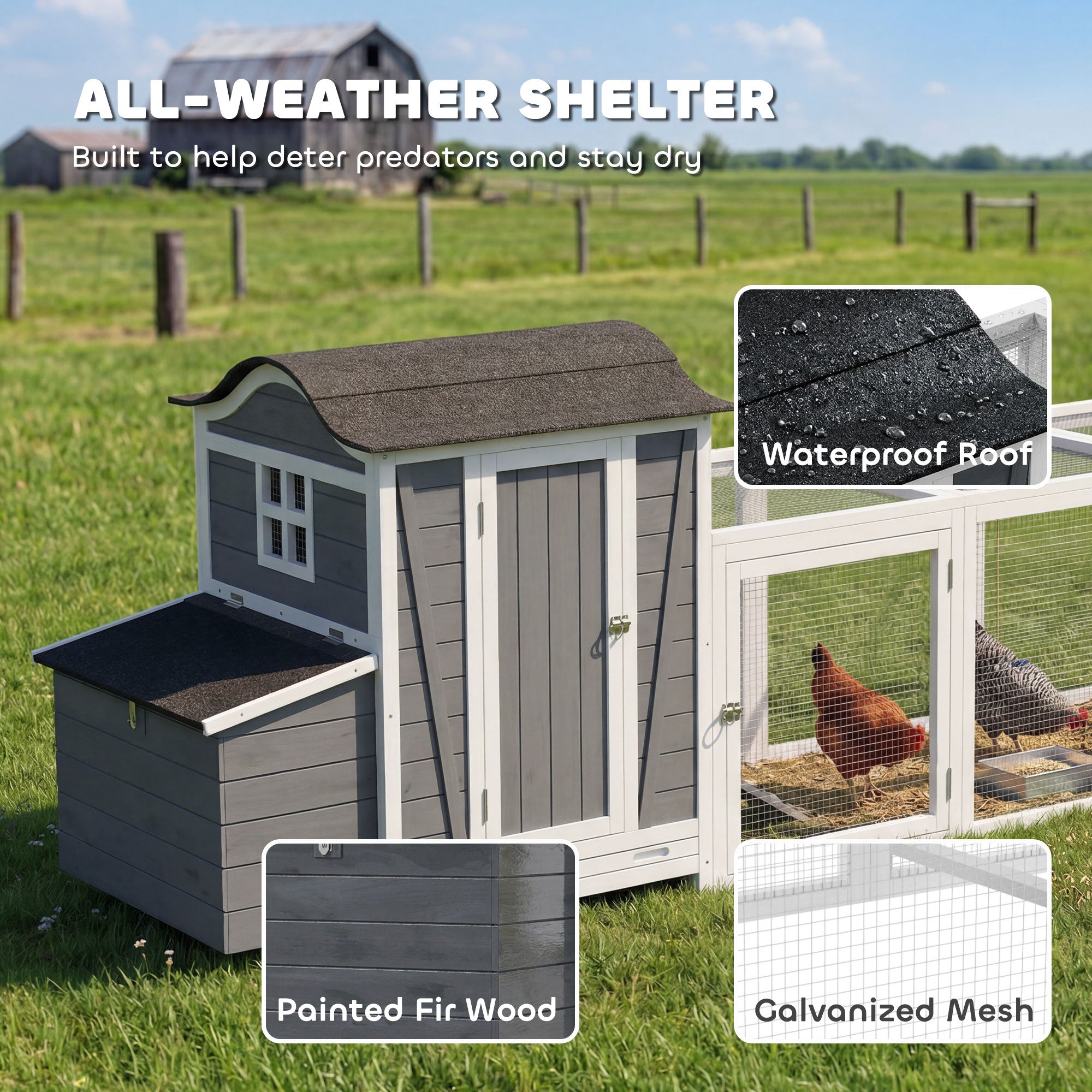 118"L Chicken Coop, Large Wooden Hen House with Run, Pull-Out Tray, Waterproof Roof, Nesting Box, Swing, Roosting Bars