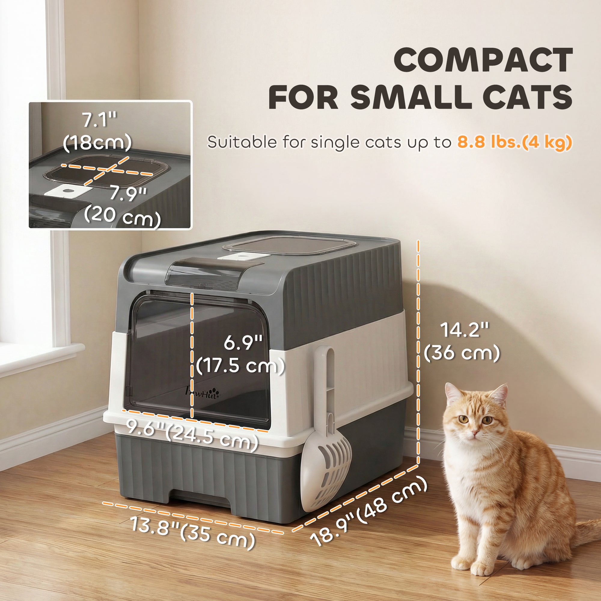 Cat Litter Box with Lid, Enclosed Kitty Litter Box with Pull-Out Drawer Tray, Scoop, 4 Deodorization Bags, Grey