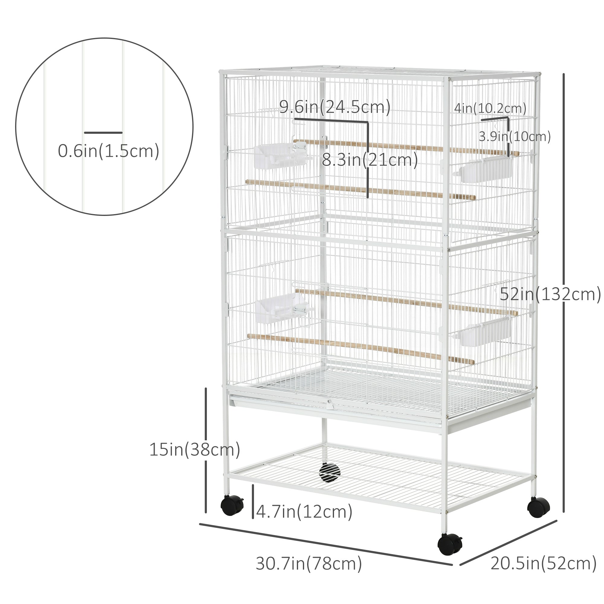 52'' Large Rolling Steel Bird Cage Bird House with Rolling Stand, Storage Shelf, Wood Perch, Food Container, White