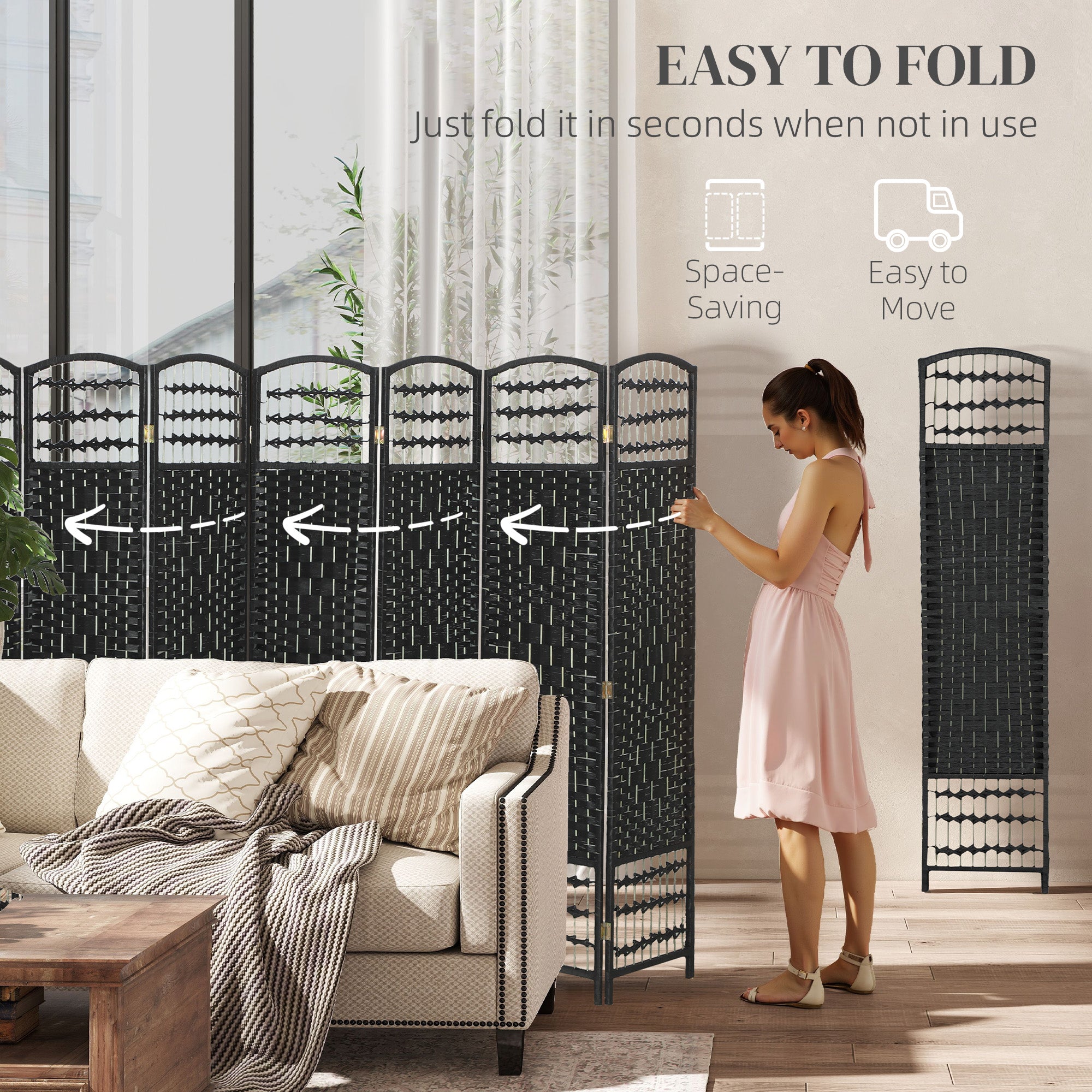 8 Panel Folding Room Divider, Portable Privacy Screen, Wave Fiber Room Partition for Home Office, Black