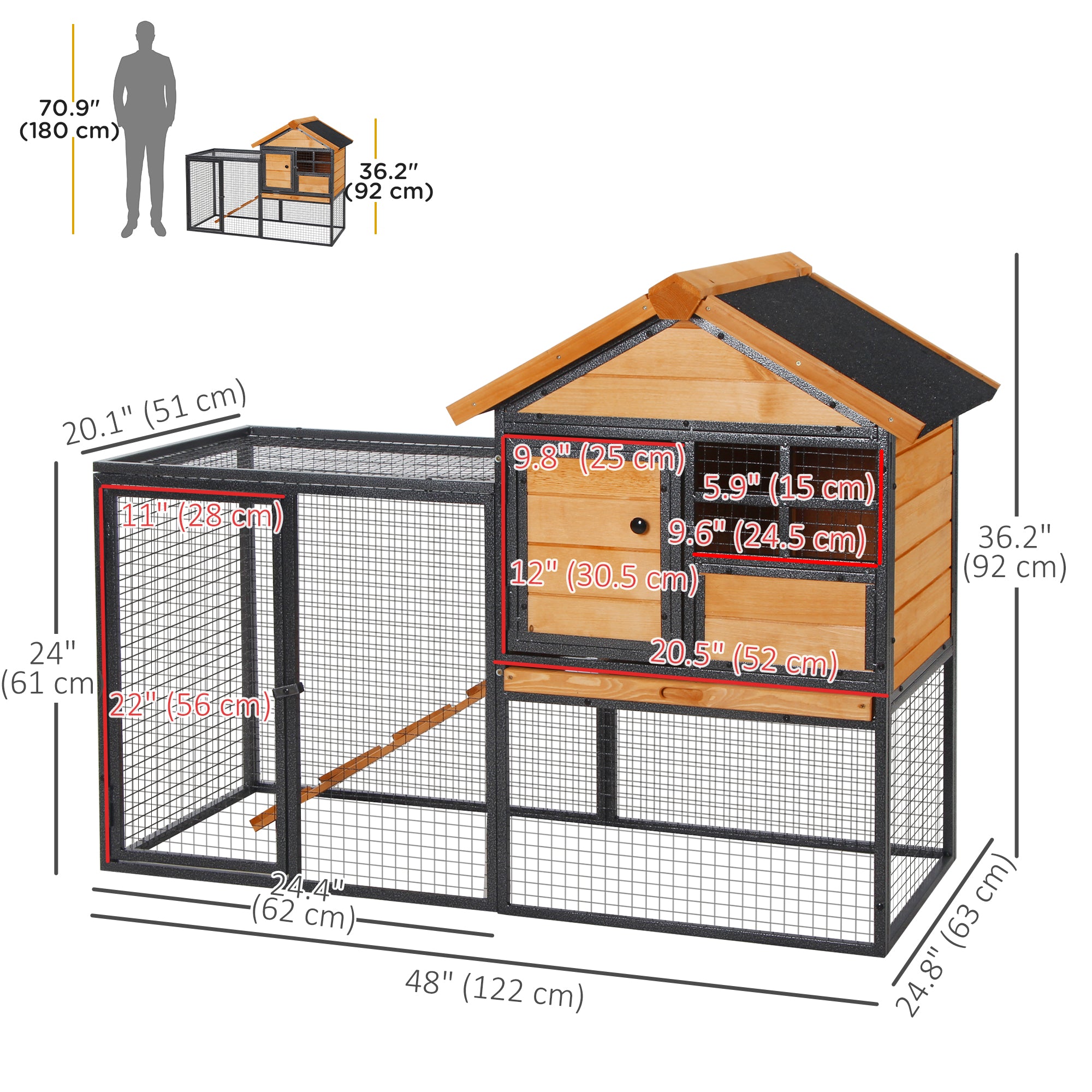 Clapier extérieur pour lapins, 48"L, grand enclos en bois avec espace de course, structure métallique résistante aux morsures, plateau en plastique amovible, toit en asphalte, rampe, cage pour cochons d’Inde et 1 à 2 lapins, jaune