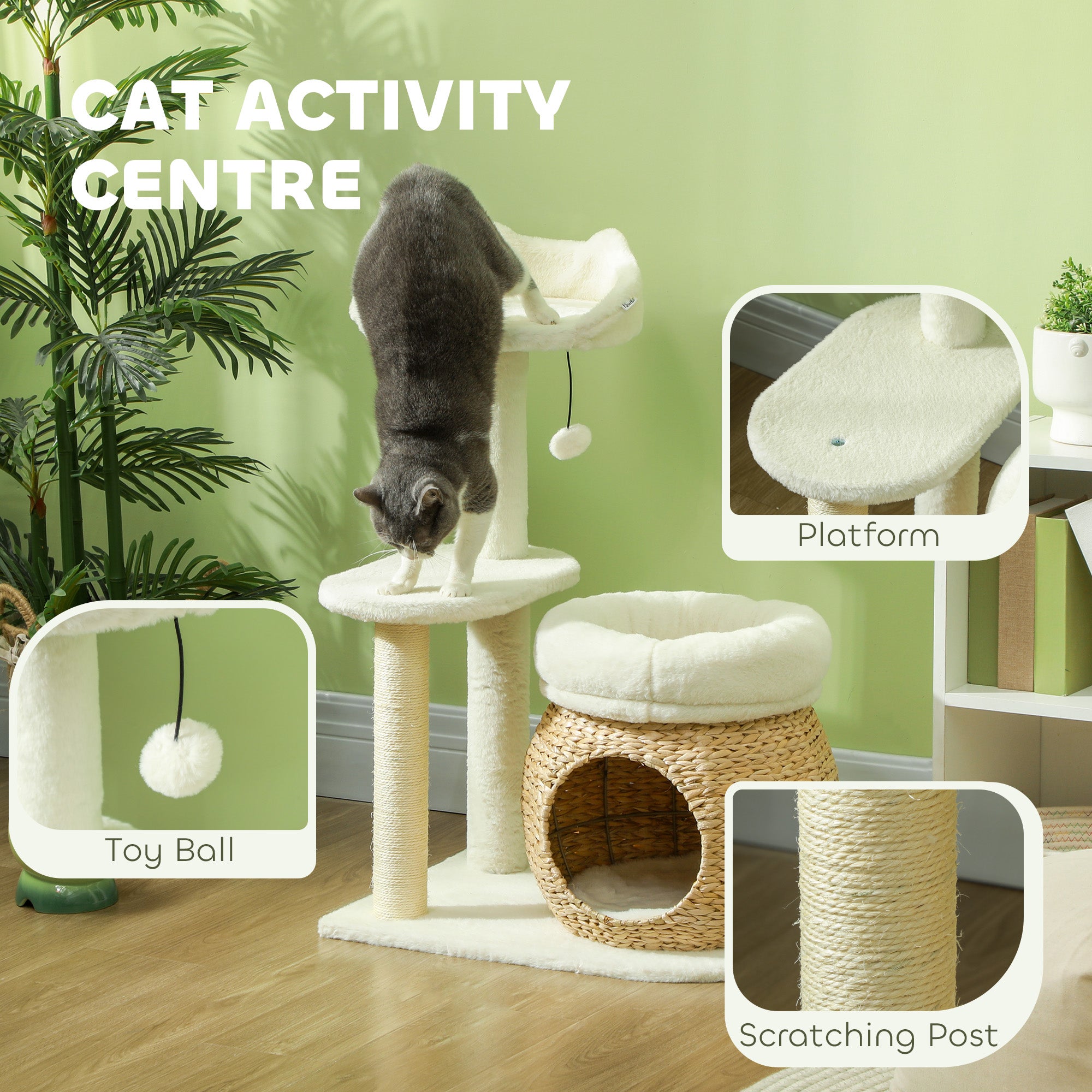 31" Cat Tree Tower with Scratching Posts, Cat Condo, Beds, Platform, Toy Ball, for Indoor Cats, Cream White