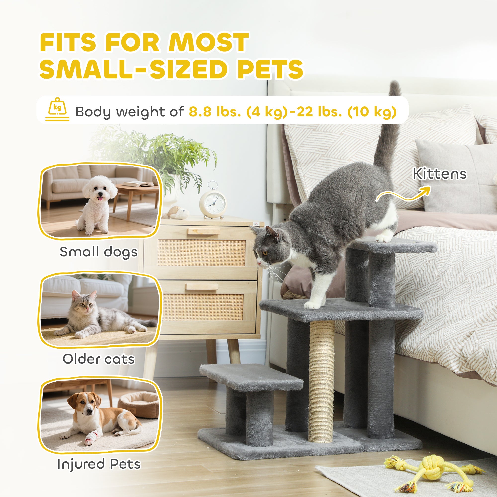 Cat Stairs with Sisal Scratching Post for High Bed Couch, Adjustable 3-Tier Pet Stairs, Grey