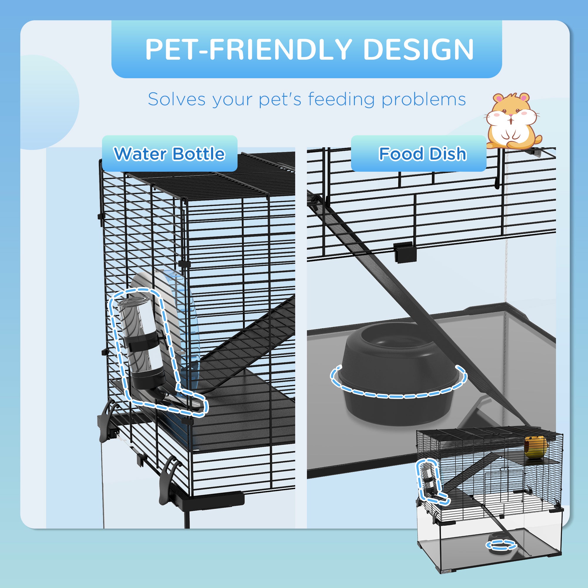 Hamster Cage, Gerbil Cage with Glass Basin for Small Hamsters, Black