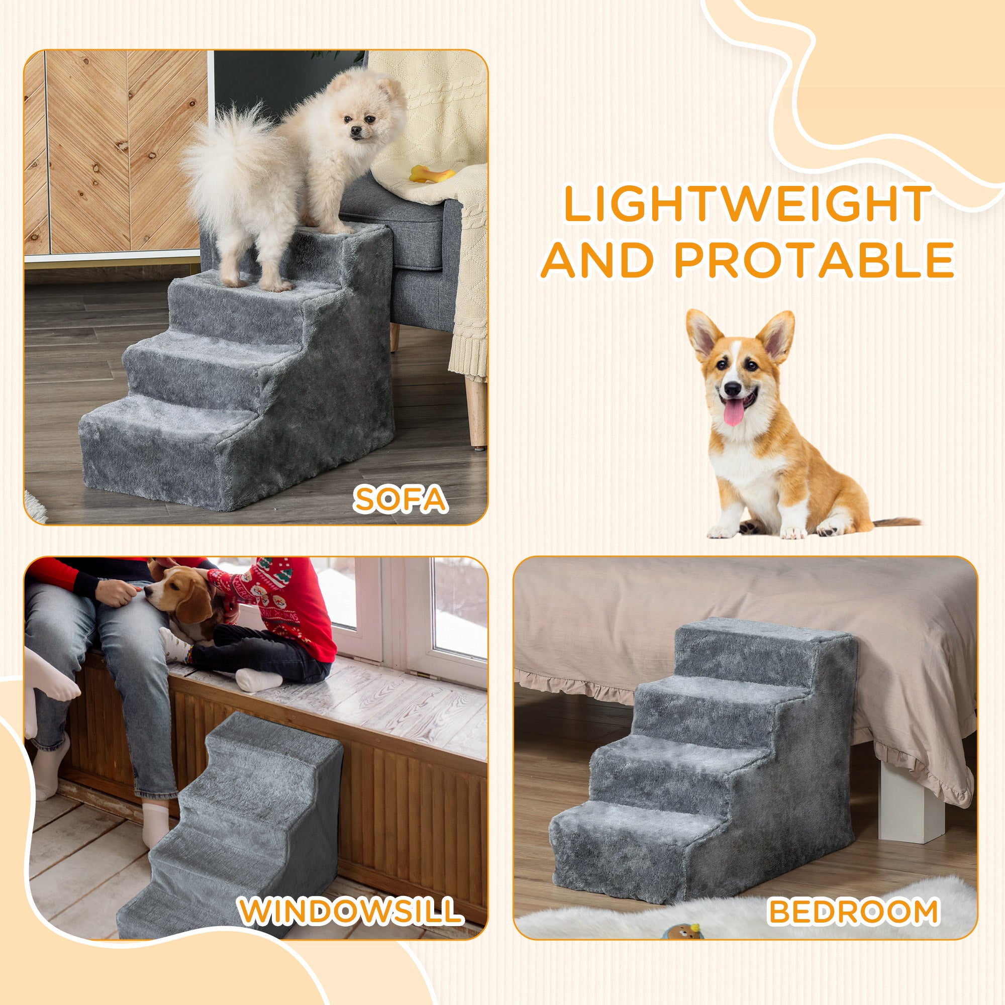 4-Step Dog Ramp for Sofa, Bed, and Couch, with Removable Cover, Light Grey