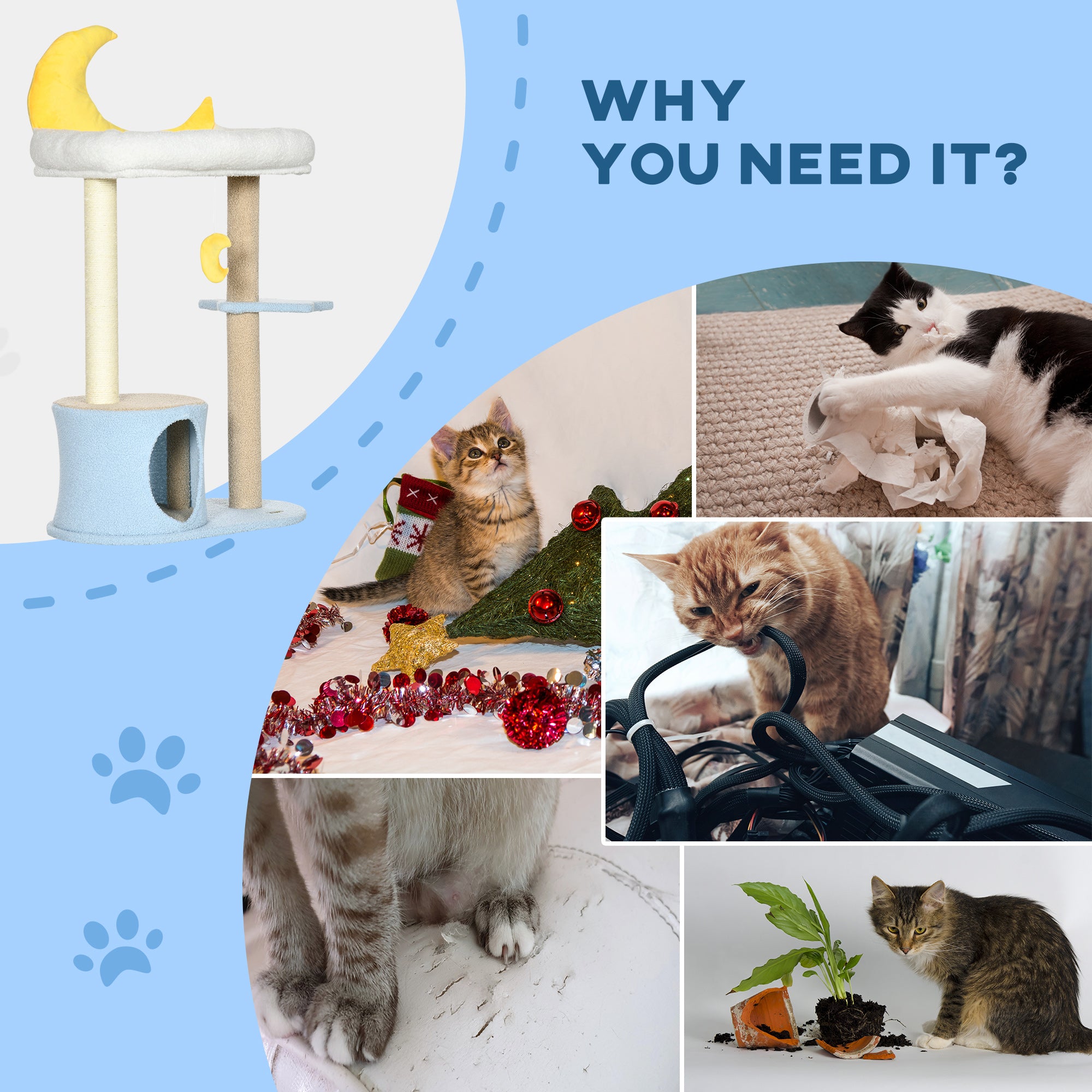 Moon Cat Tower for Indoor Cats with Teddy Fleece House Bed Scratching Post Hanging Toy Star Platform 41" Blue