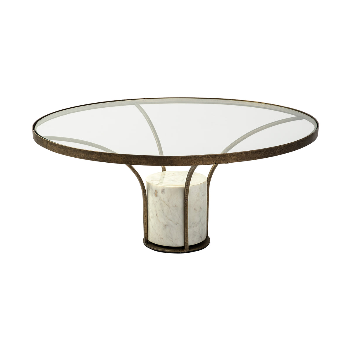 Jacinta 36" Round Glass Top Metal and Marble Pedestal Coffee Table-Coffee Tables-DECOROLALA