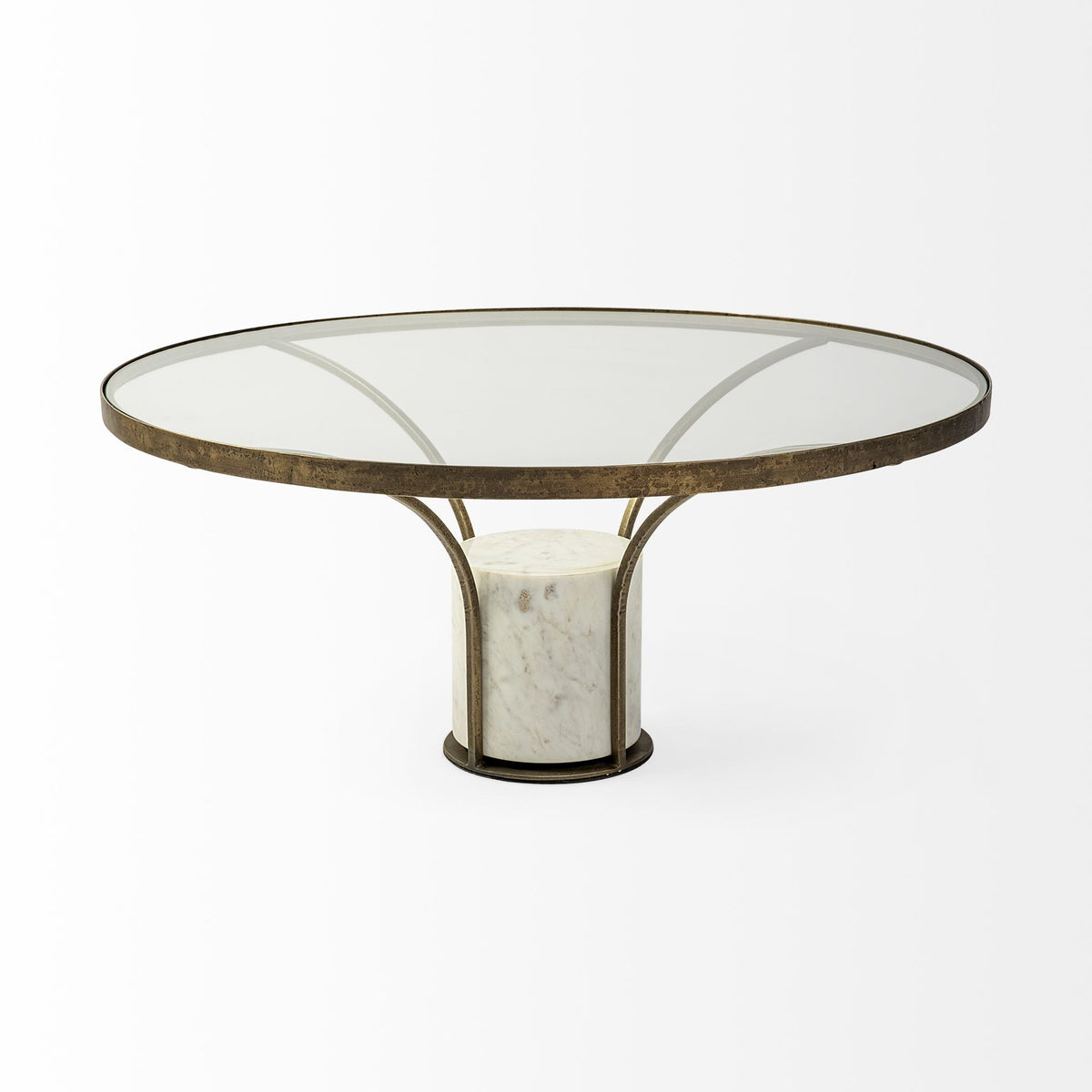 Jacinta 36" Round Glass Top Metal and Marble Pedestal Coffee Table-Coffee Tables-DECOROLALA