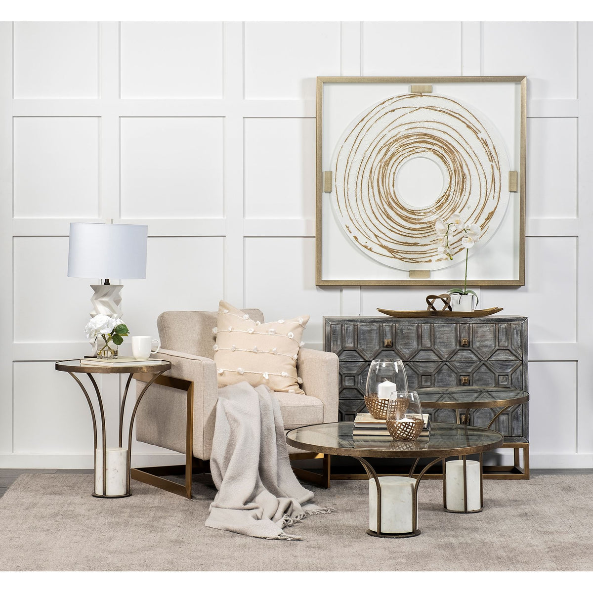 Jacinta 36" Round Glass Top Metal and Marble Pedestal Coffee Table-Coffee Tables-DECOROLALA