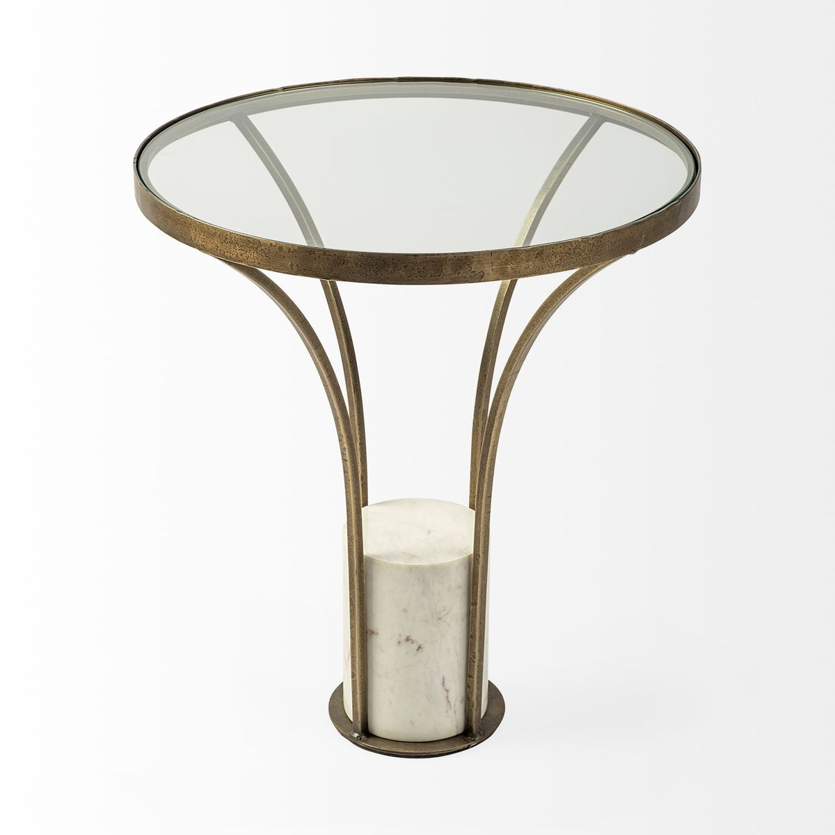 Jacinta II 21" Round Glass Top Metal and Marble Pedestal End/Side Table-End and Side Tables-DECOROLALA
