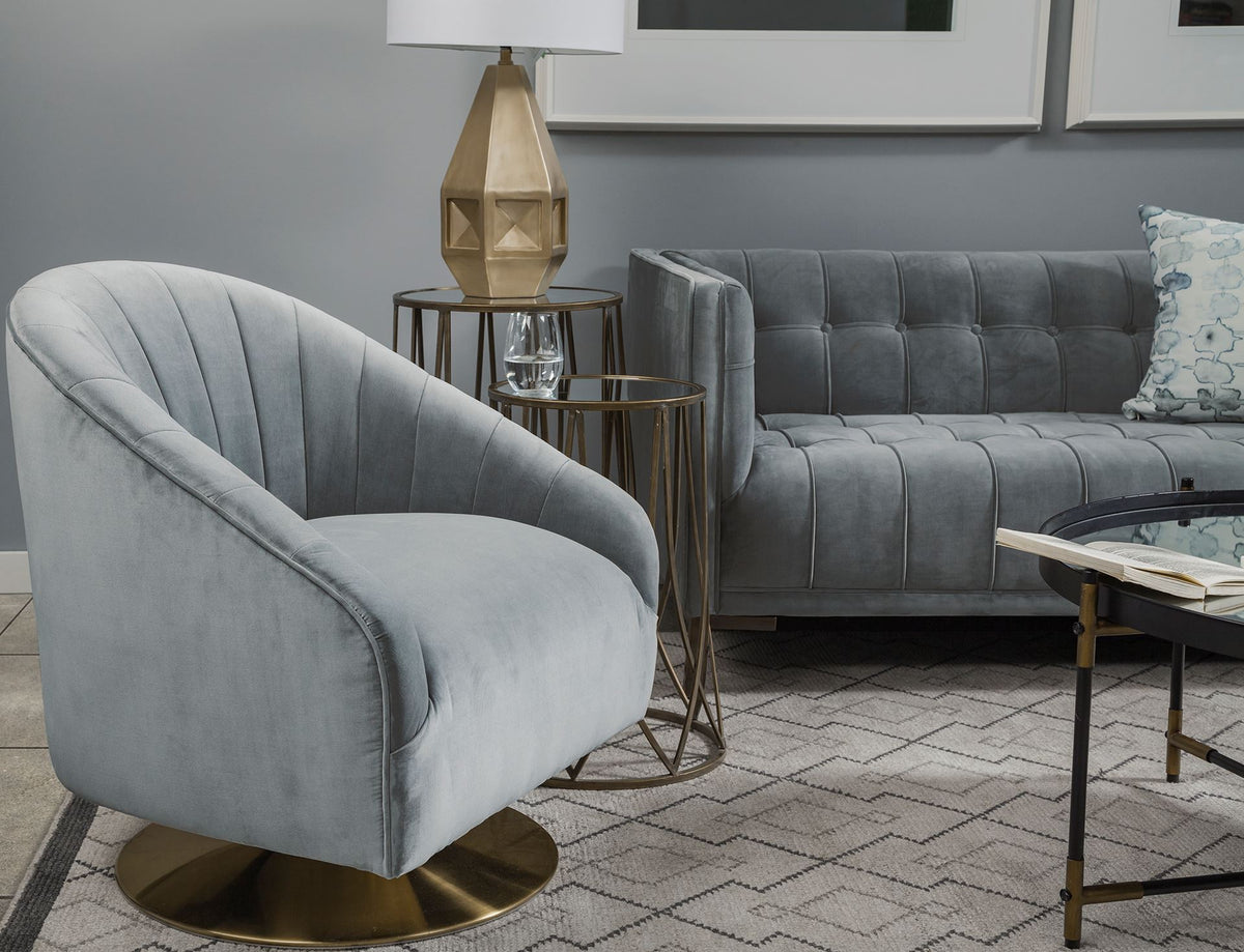 James II Gray Blue Velvet Covered Seat w Gold Swivel Base Accent Chair-Accent Chairs-DECOROLALA