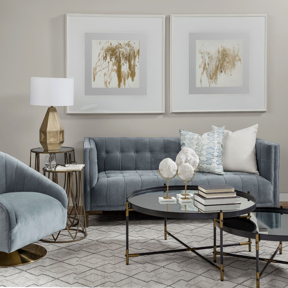 James II Gray Blue Velvet Covered Seat w Gold Swivel Base Accent Chair-Accent Chairs-DECOROLALA