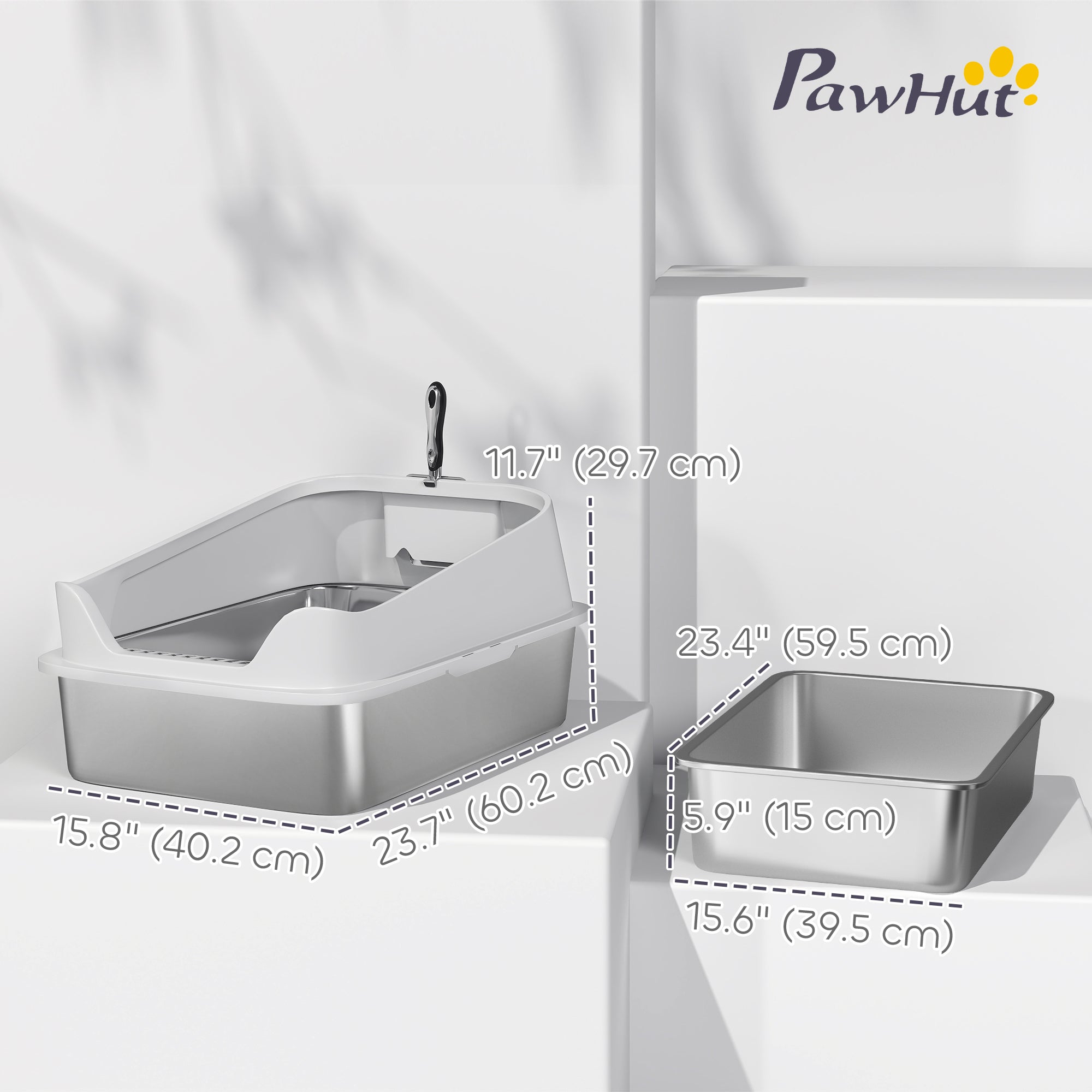 Cat Litter Box Stainless Steel with Metal Litter Scoop, Never Absorbs Odors, Anti Leakage, 24" x 16" x 12", Grey
