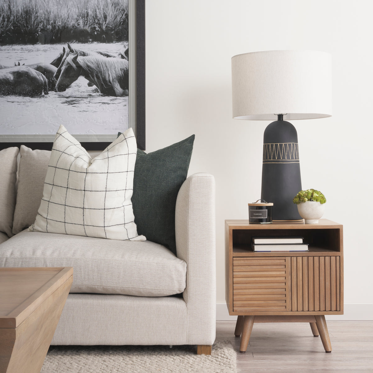 Javier 18.0L x 18.0W x 30.75H Base W/Cream Fabric Shade Table Lamp-Table Lamps-DECOROLALA