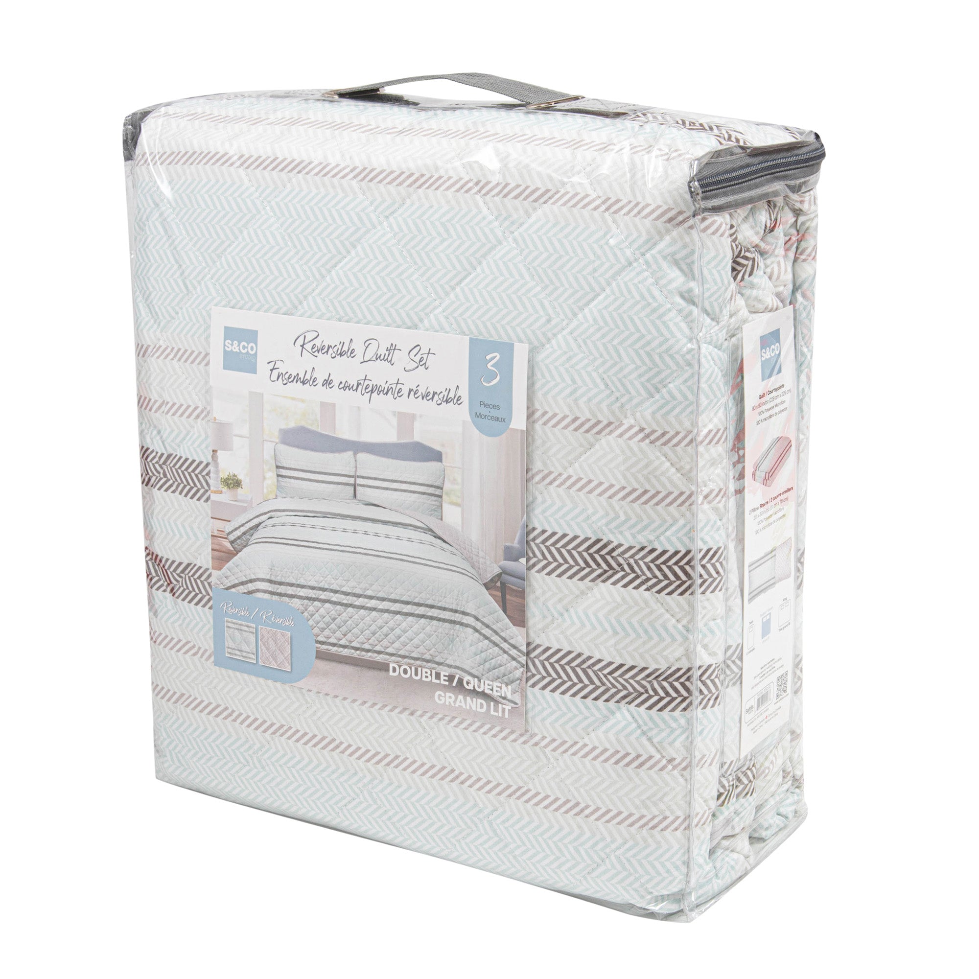 Jax 3-Piece Reversible Quilt Set - Blue Stripe-Comforters and Quilts-DECOROLALA