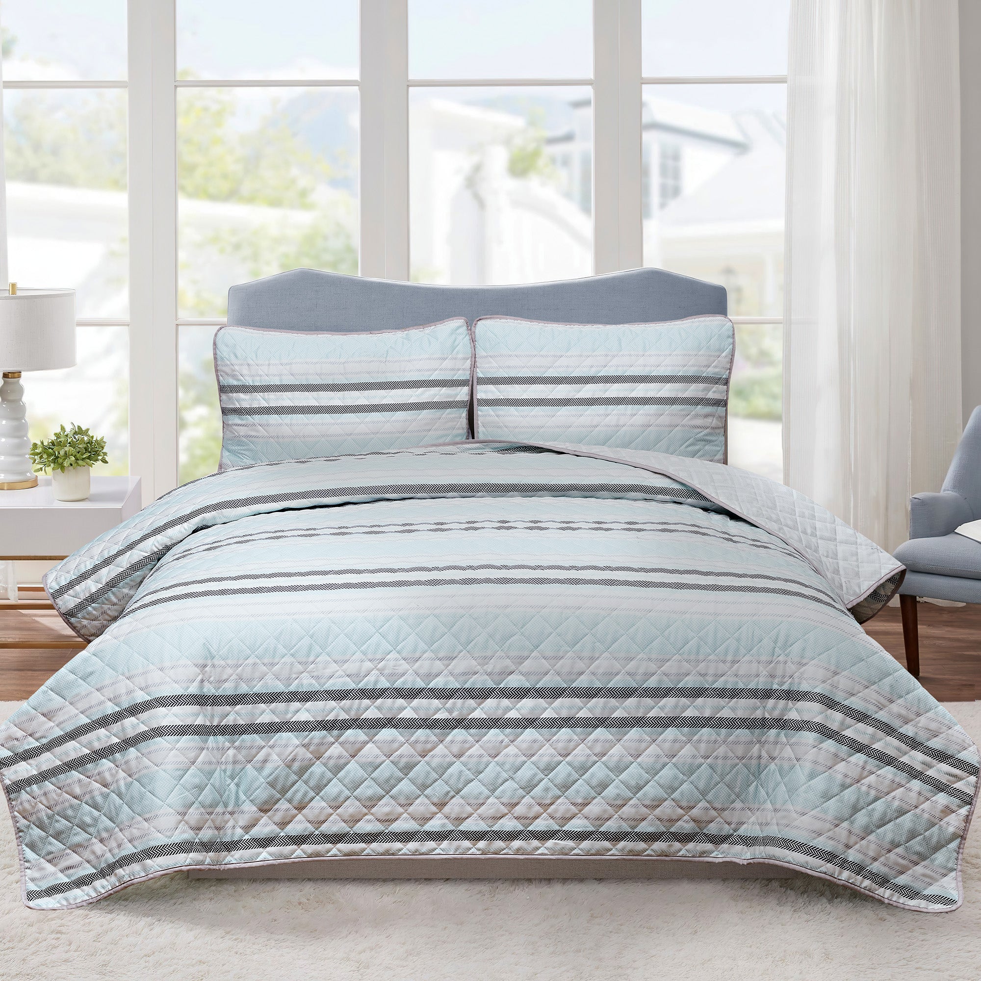 Jax 3-Piece Reversible Quilt Set - Blue Stripe-Comforters and Quilts-DECOROLALA