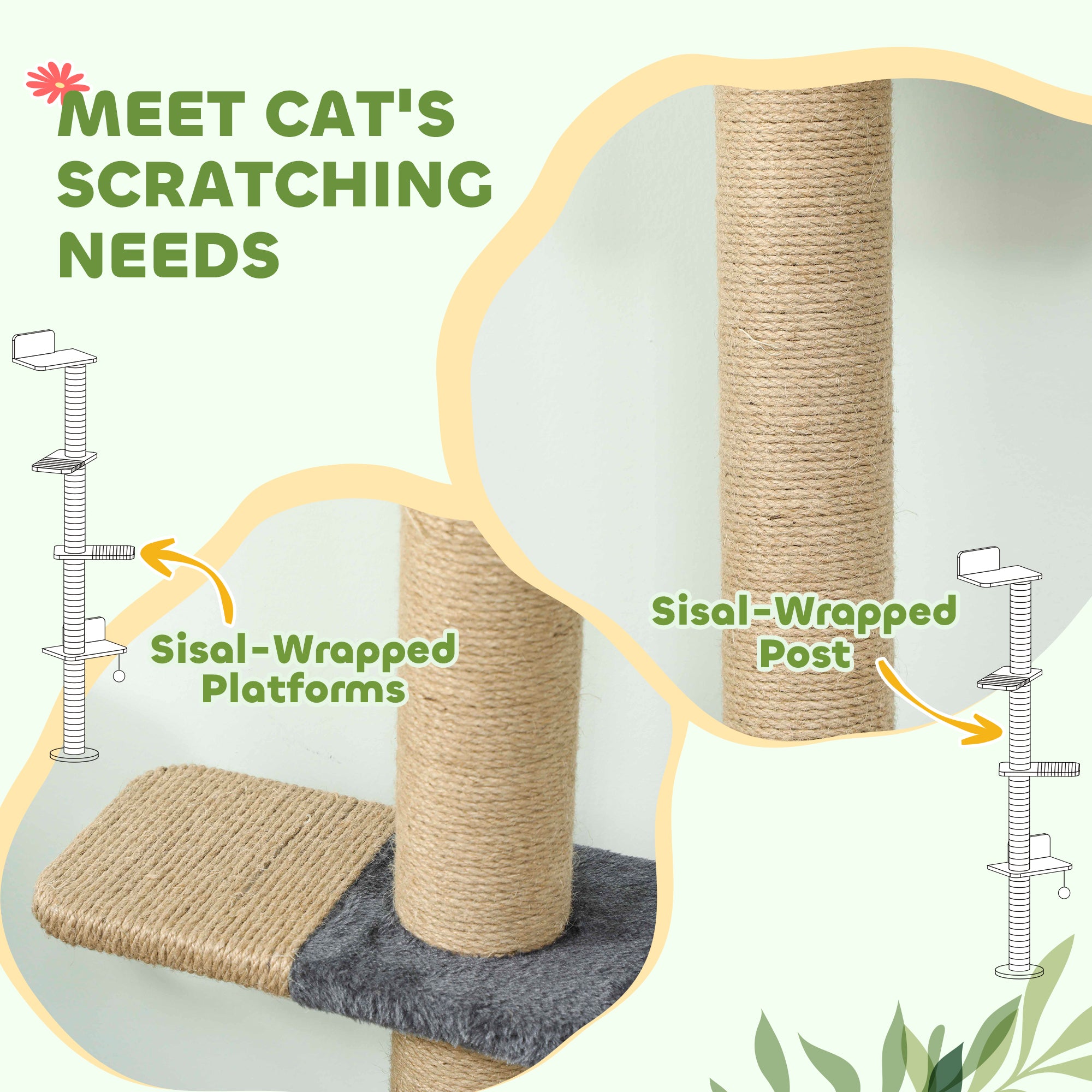 Cat Wall Shelves, Cat Wall Furniture with 4 Platforms, Jute Scratching Post for Indoor Playing, Climbing, Dark Grey