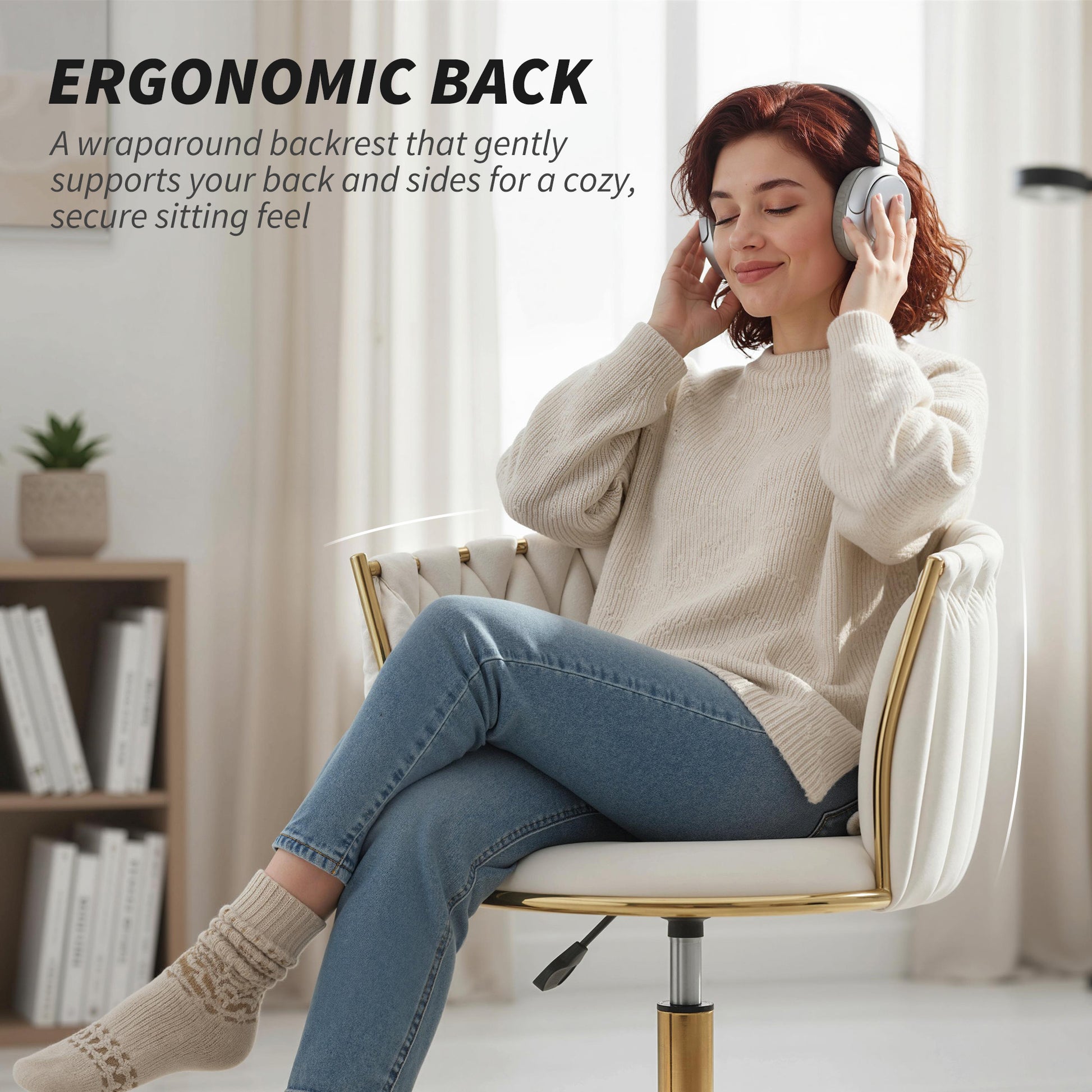 Office Chair, Vanity Chair with Woven Back, Adjustable Height, Rolling Wheels, Cream White-Office Products > Office Furniture > Office Chairs > Task Chairs-DECOROLALA