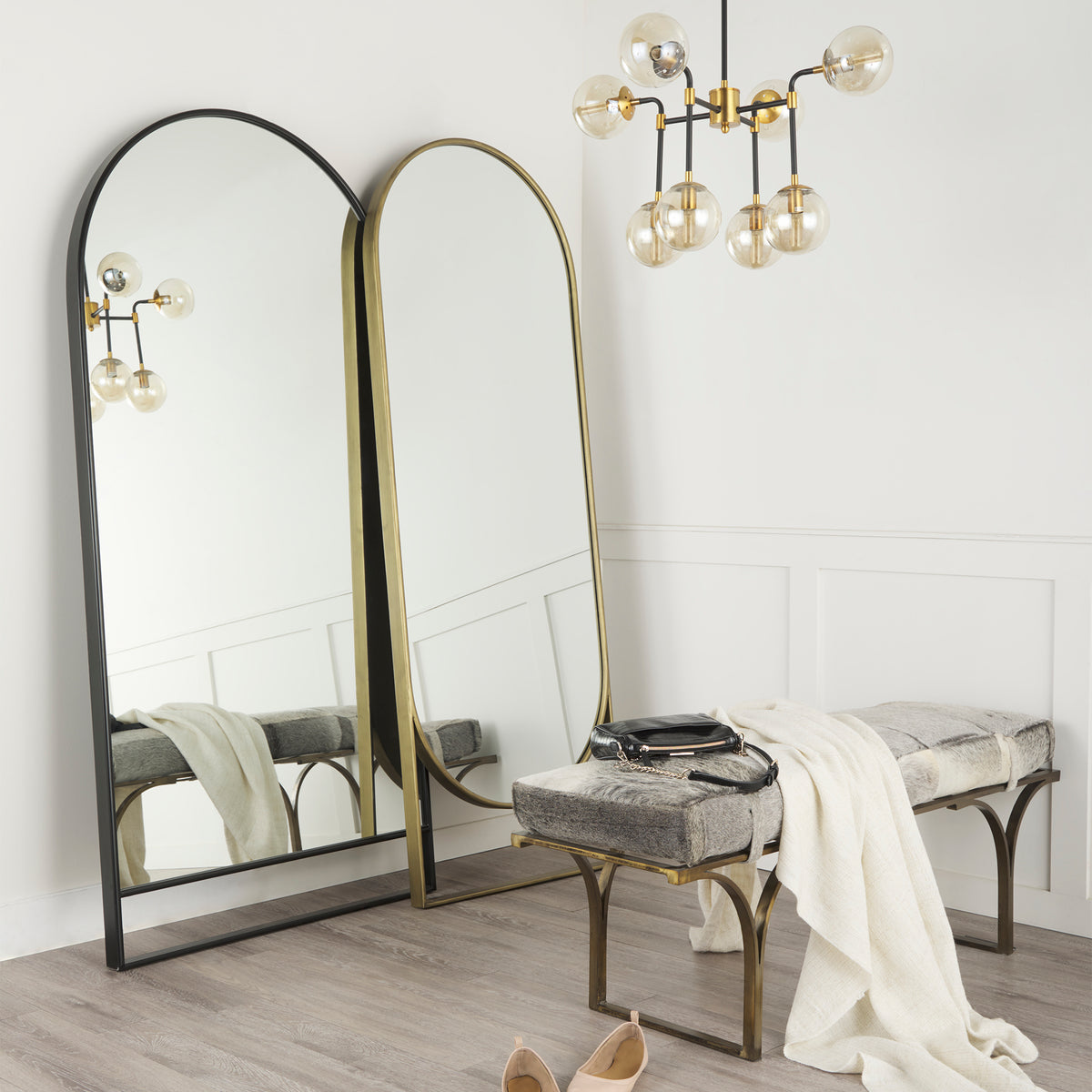Jessie 55L x 16W White/ Hair-On-Hide Seat W/Gold Metal Base Accent Bench-Benches-DECOROLALA