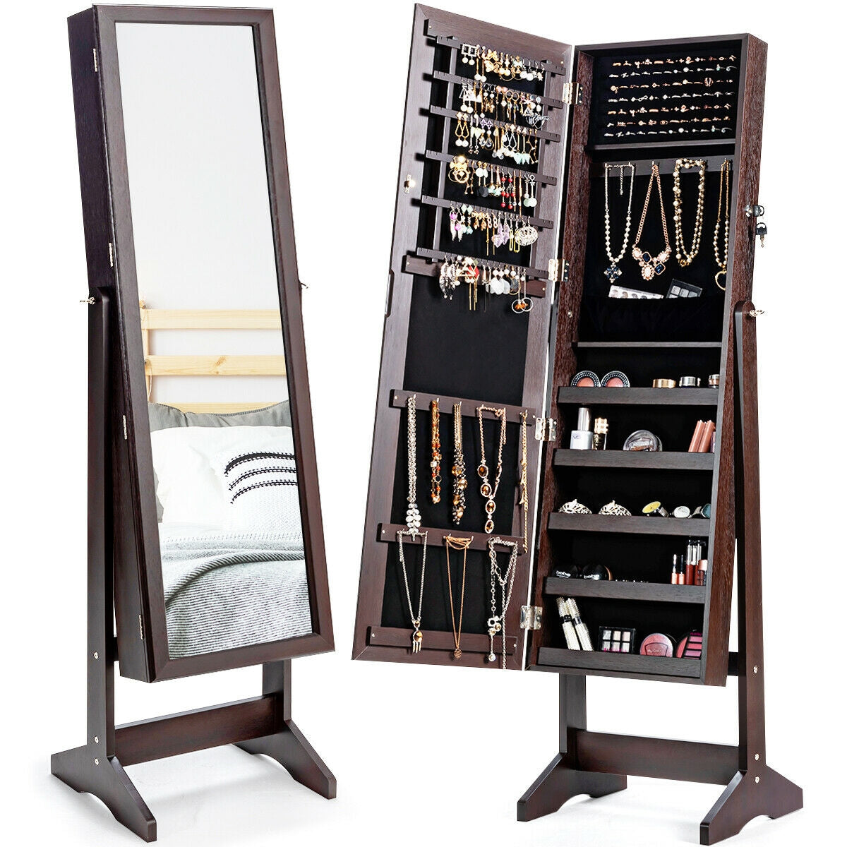 Jewelry Cabinet Stand Mirror Armoire with Large Storage Box-Brown-Jewelry Armoires-DECOROLALA
