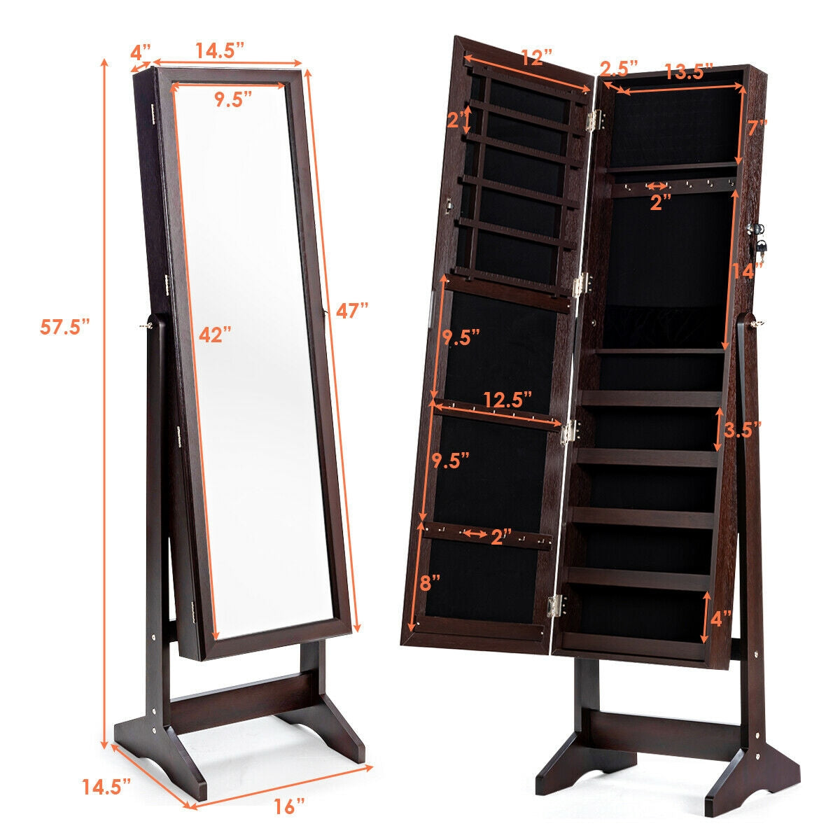 Jewelry Cabinet Stand Mirror Armoire with Large Storage Box-Brown-Jewelry Armoires-DECOROLALA