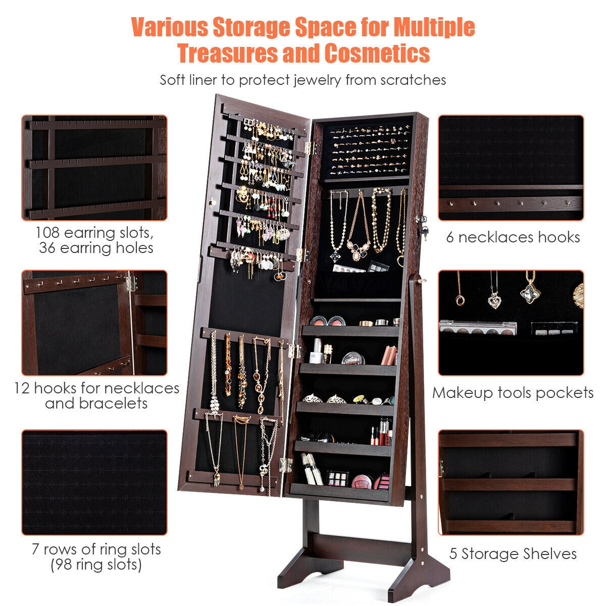 Jewelry Cabinet Stand Mirror Armoire with Large Storage Box-Brown-Jewelry Armoires-DECOROLALA
