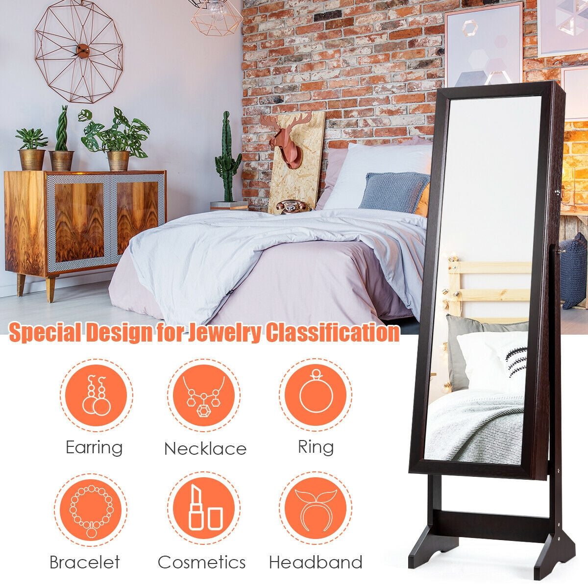 Jewelry Cabinet Stand Mirror Armoire with Large Storage Box-Brown-Jewelry Armoires-DECOROLALA