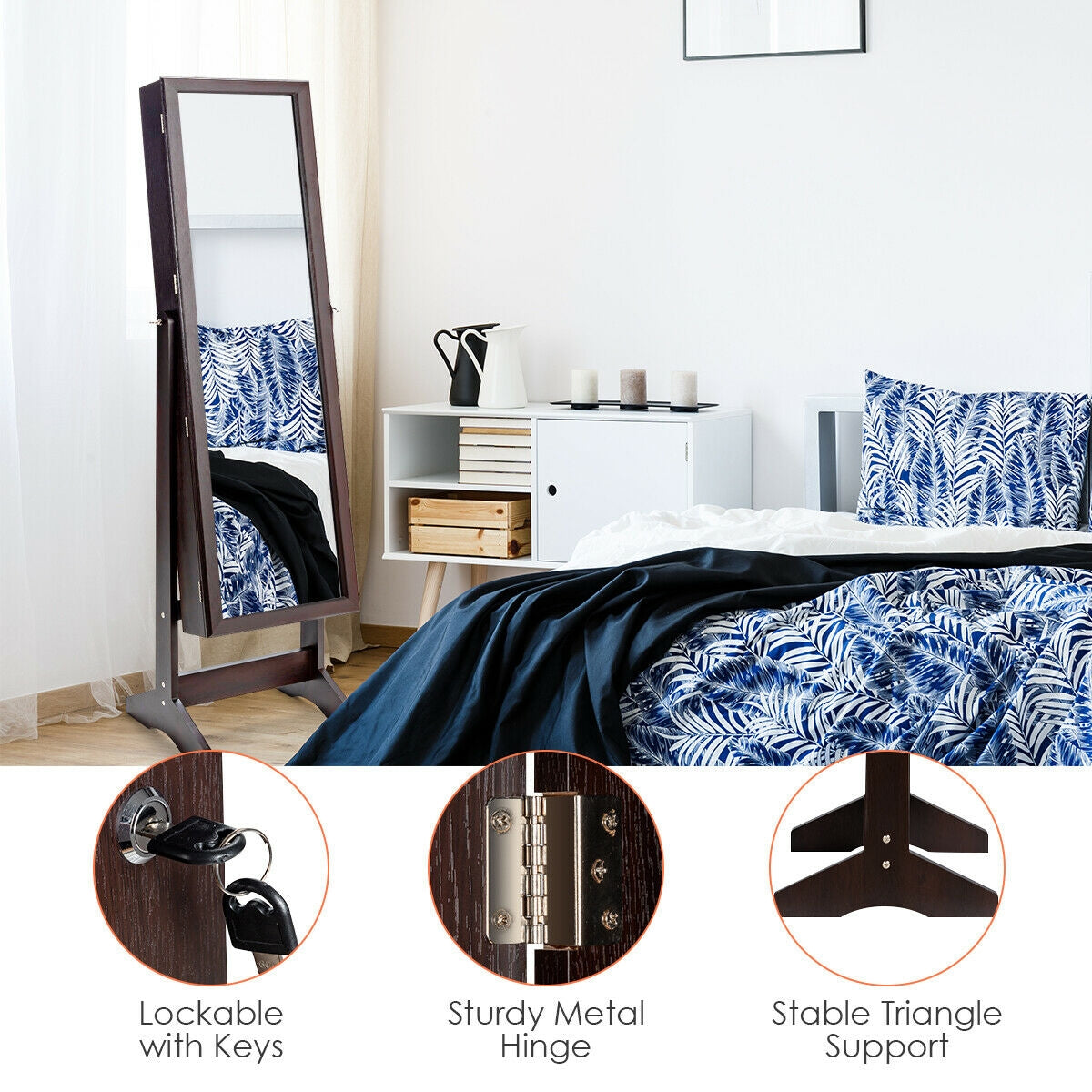 Jewelry Cabinet Stand Mirror Armoire with Large Storage Box-Brown-Jewelry Armoires-DECOROLALA