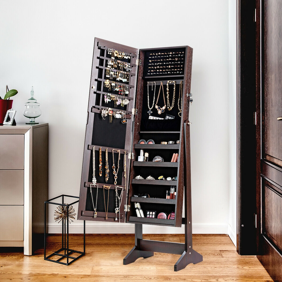 Jewelry Cabinet Stand Mirror Armoire with Large Storage Box-Brown-Jewelry Armoires-DECOROLALA